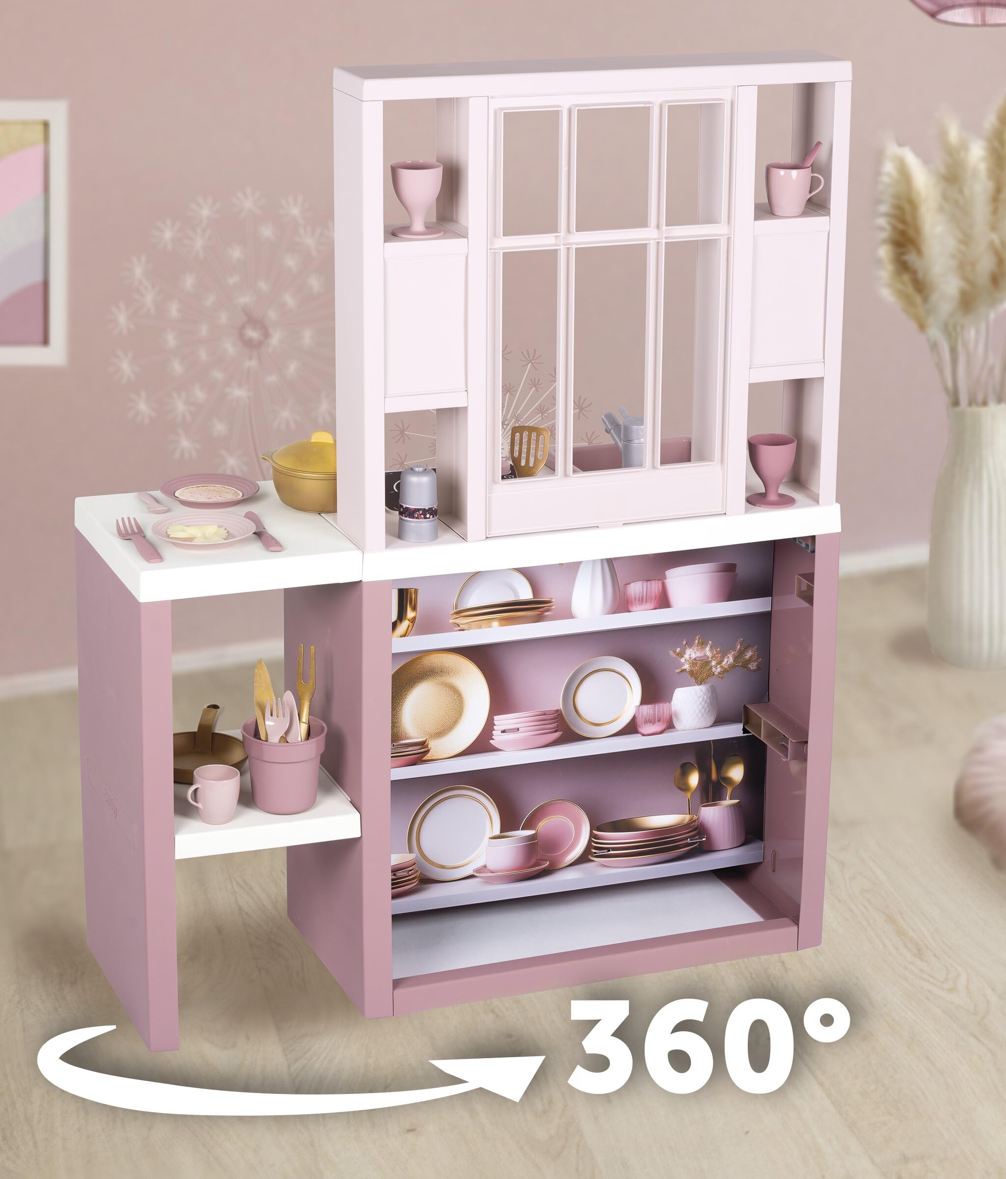 Smoby Loft Fleur kuchnia do zabawy – kuchnia dziecięca w nowoczesnym stylu loftu z płytą kuchenną, piekarnikiem, lodówką i 27 akcesoriami, dla dzieci od 3 lat