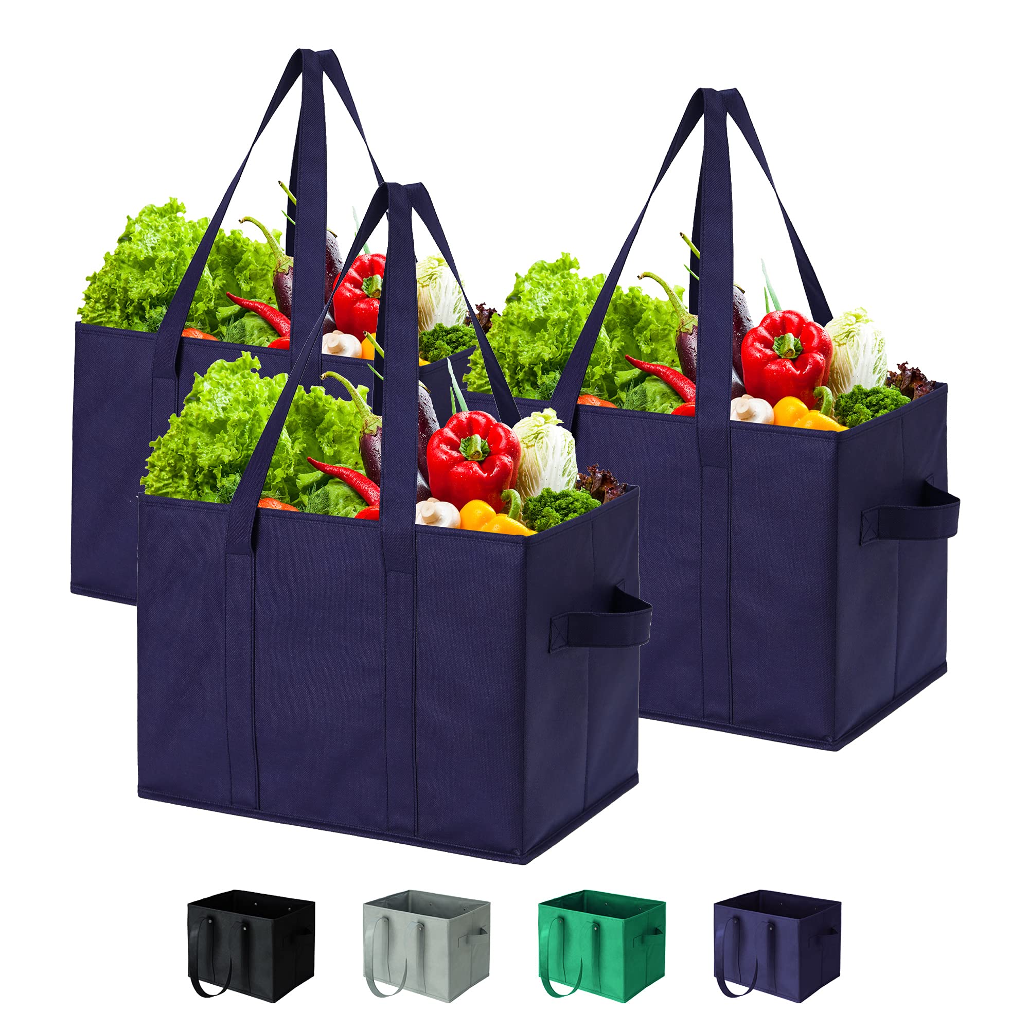 CHUENG Reusable Grocery Box Bags Heavy Duty Washable Shopping Tote Bag, Long handles and Reinforce Hard Bottom, Blue, Large, 3 Pack