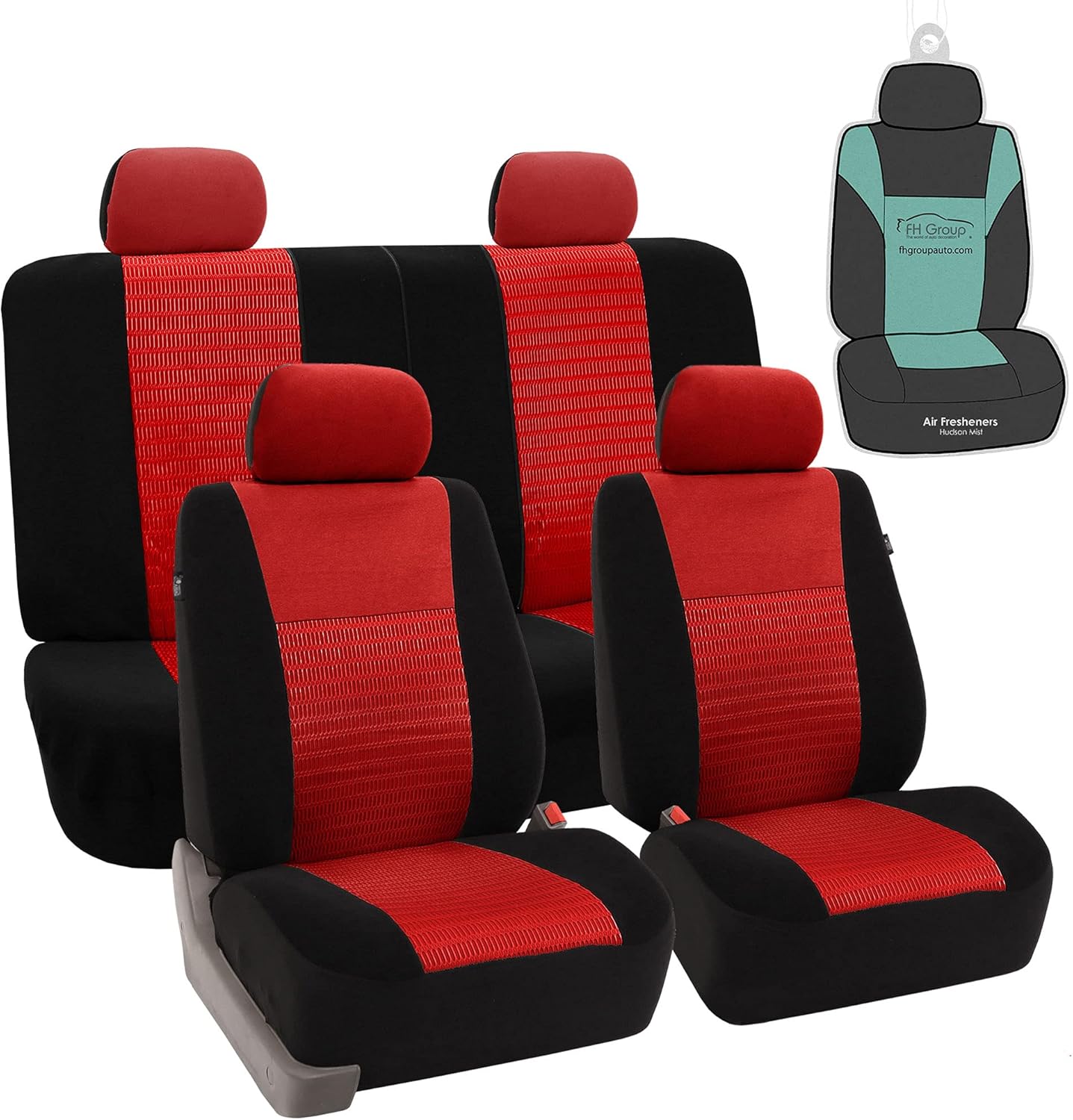 FH Group Automotive Car Seat Covers Trendy Elegance 3D Air Mesh Cloth Full Set Red Seat Covers, Airbag and Split Rear Universal Fit Interior Accessories for Cars Trucks and SUV with Car Accessories
