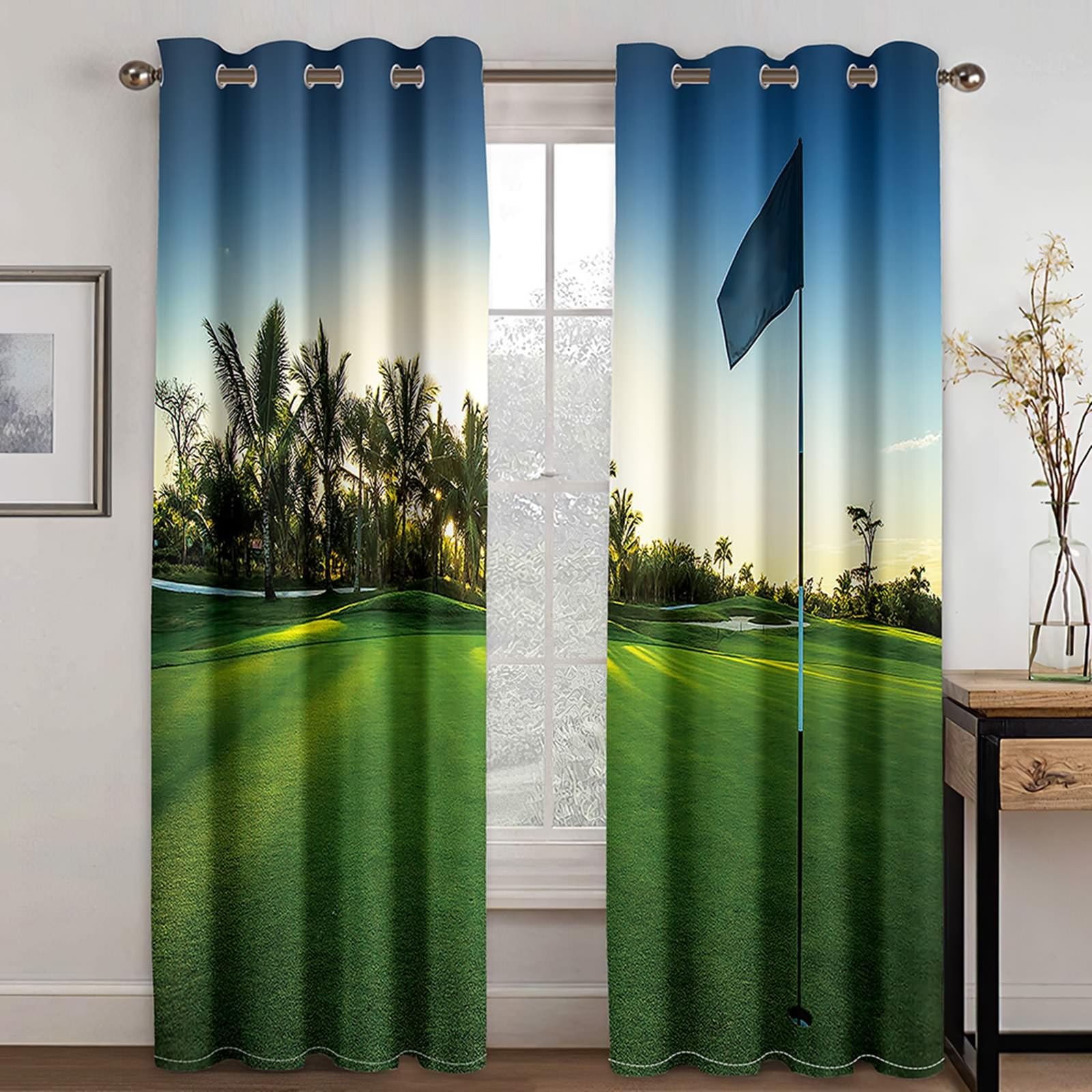 Vorhang Verdunkelung 138 cm Lang, Vorhänge Lichtdicht mit Ösen 2er Set Blau Grün Sonnenuntergang Kokosnussbäume Gras Landschaft Gardinen für Wohnzimmer Schlafzimmer, 96x138 cm(BxH)