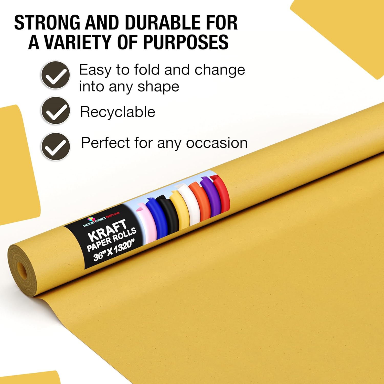 Crown Display Yellow Kraft Paper Roll - 36" X 1320" (110' Ft) - Colored Paper Roll - Kraft Wrapping Paper - Shipping & Packing Paper - Craft Supplies