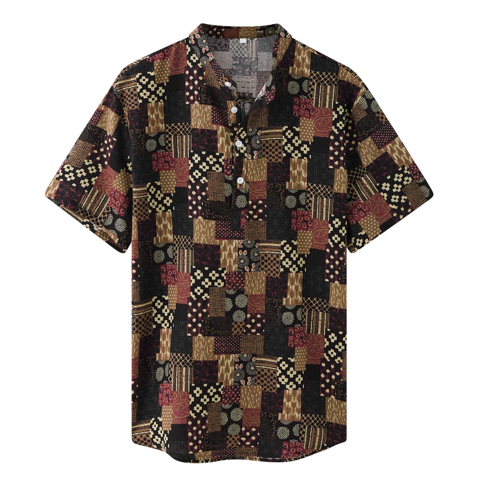 Loveternal Camisa De Lino Camisa De Hombre Camisa Henley De Manga Corta Camisa Informal con Estampado Étnico Retro Camisa Hawaiana Informal De Verano con Botones para Hombre
