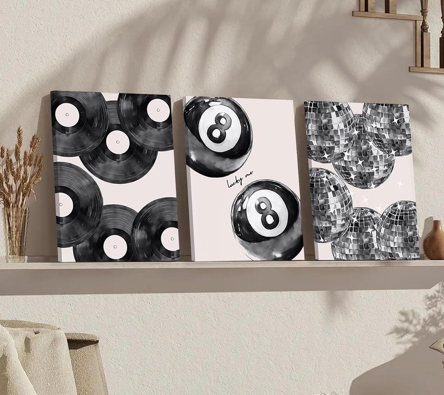 3Pcs Trendy Black White Canvas Wall Art Lucky 8 Ball Wall Decor Pictures Disco Ball Poster Prints Record Painting Artwork for Dormitory Bedroom Living room Preppy Decoration 16x24in With frame