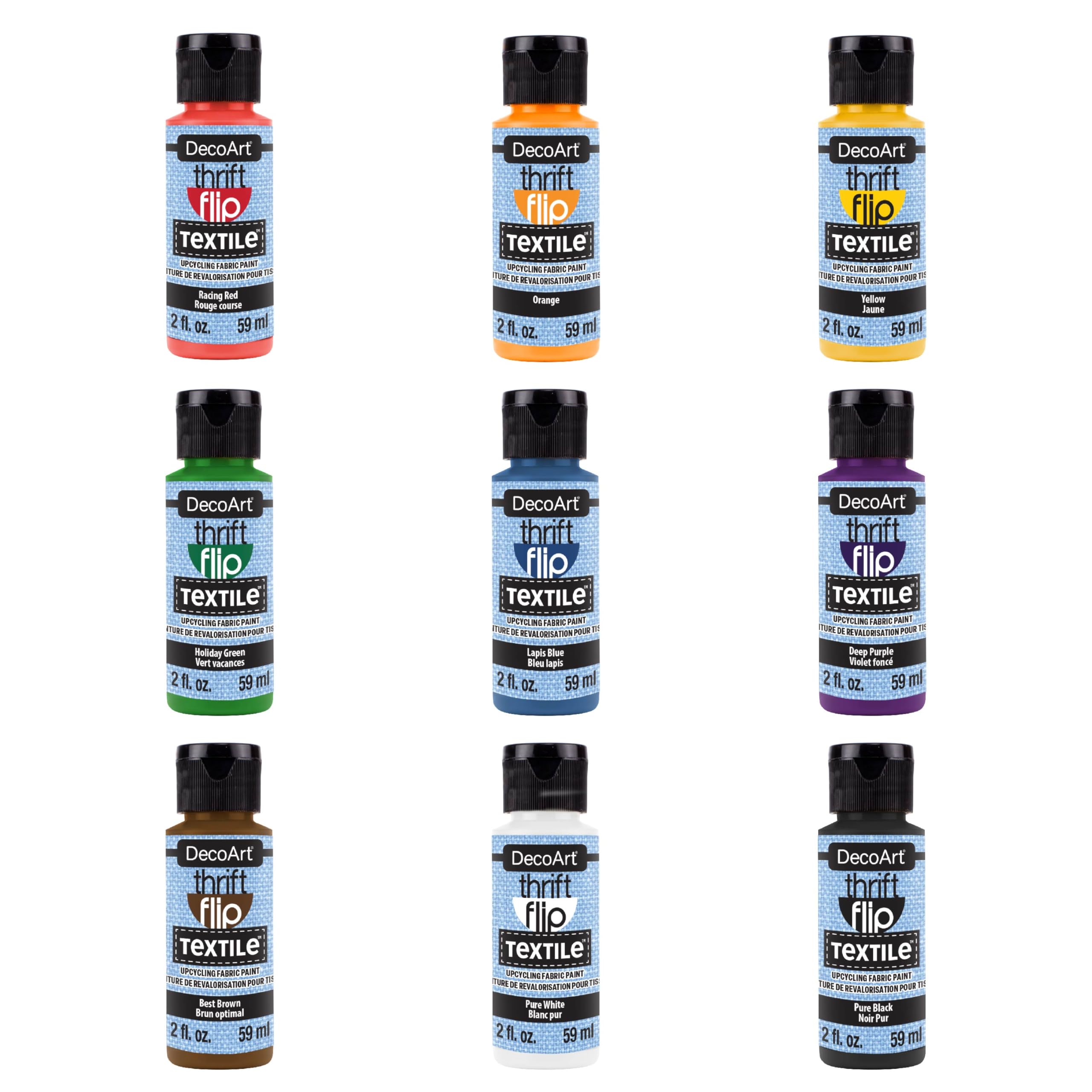 DecoArt Thrift Flip Fabric Acrylic Paint Set – Primary Colors, 9 Bottles (2 fl oz) – Upcy…