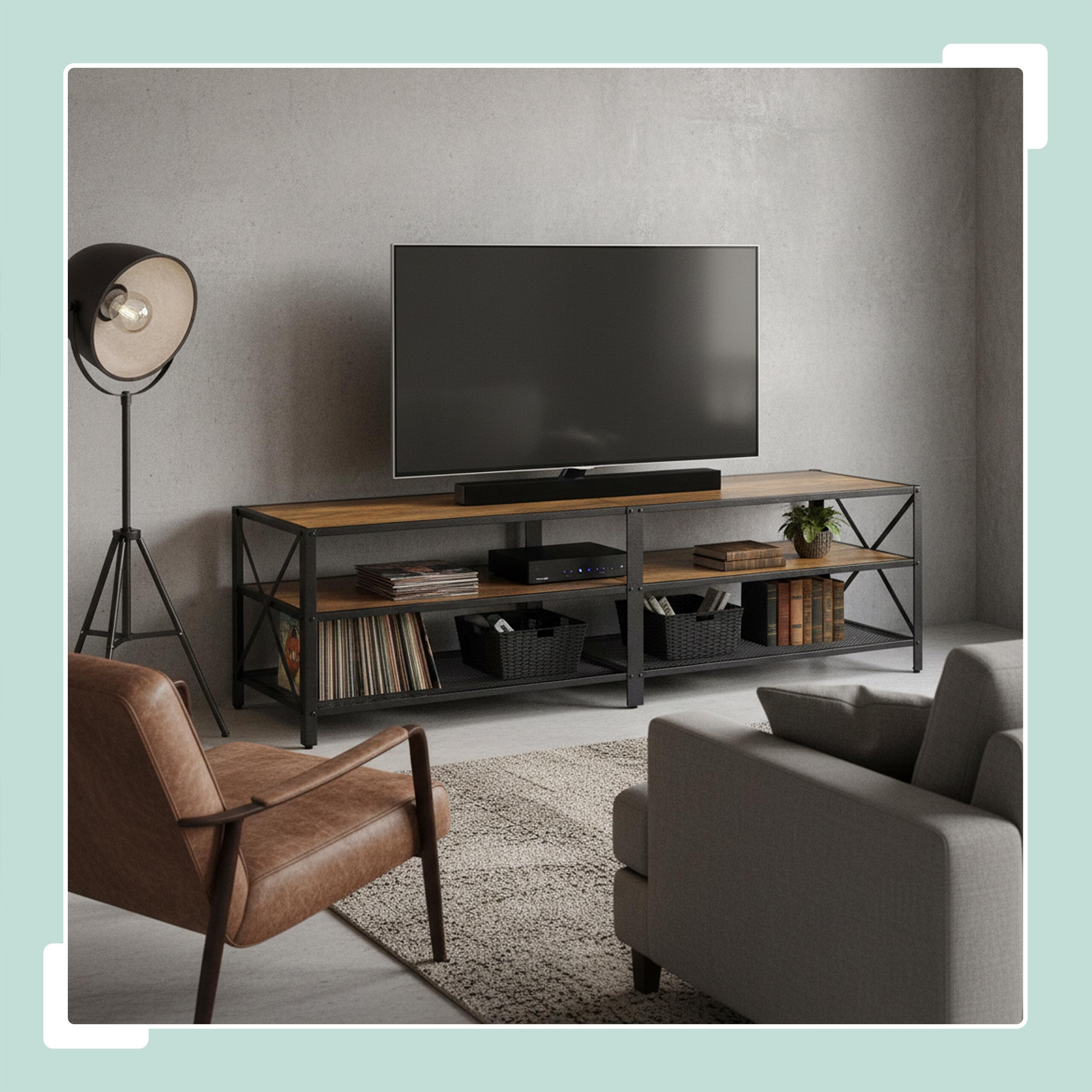 Relaxdays Mobile TV Lowboard, 4 Scomparti, Fino a 75 Pollici, HxLxP: 52x180x39 cm, Marrone/Nero