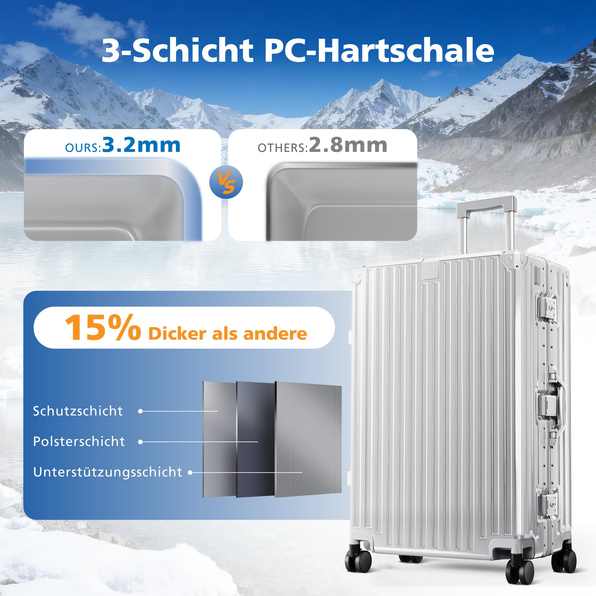 ALPHA CAMP Koffer Größe XL Reisekoffer Leicht Hartschalenkoffer Polycarbonat 98L Luggage Suitcase mit Rollen TSA Schloss & Aluminium Rahmen Handgepäck 49 * 30 * 76cm Silber