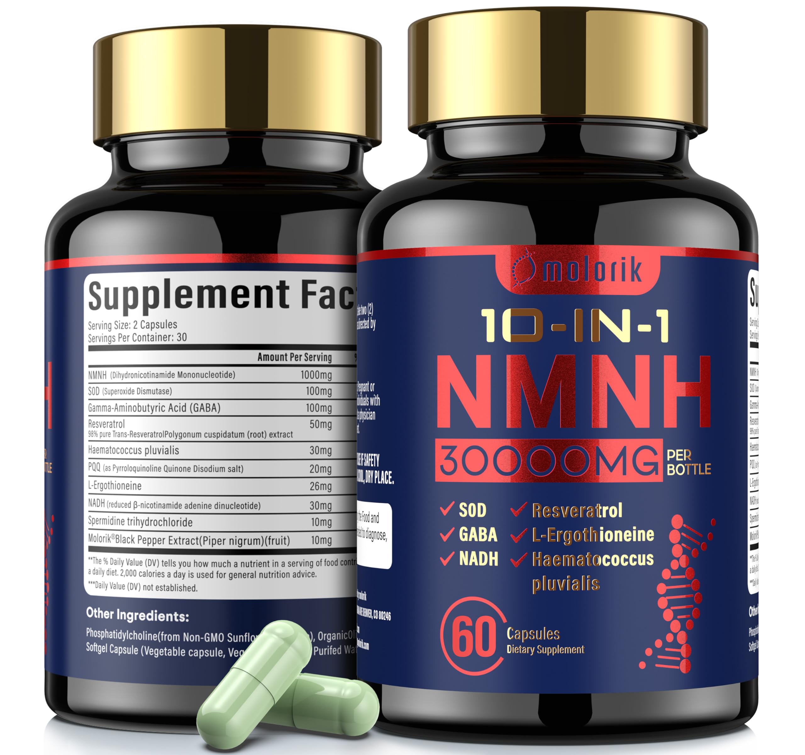 molorikNMNH (Dihydronicotinamide Mononucleotide), 1000mg Per Serving, NAD High Purity Supplement, 60 Capsules, Gluten Free, GMP Certified for Anti-Aging, Energy, Focus - 30 Servings