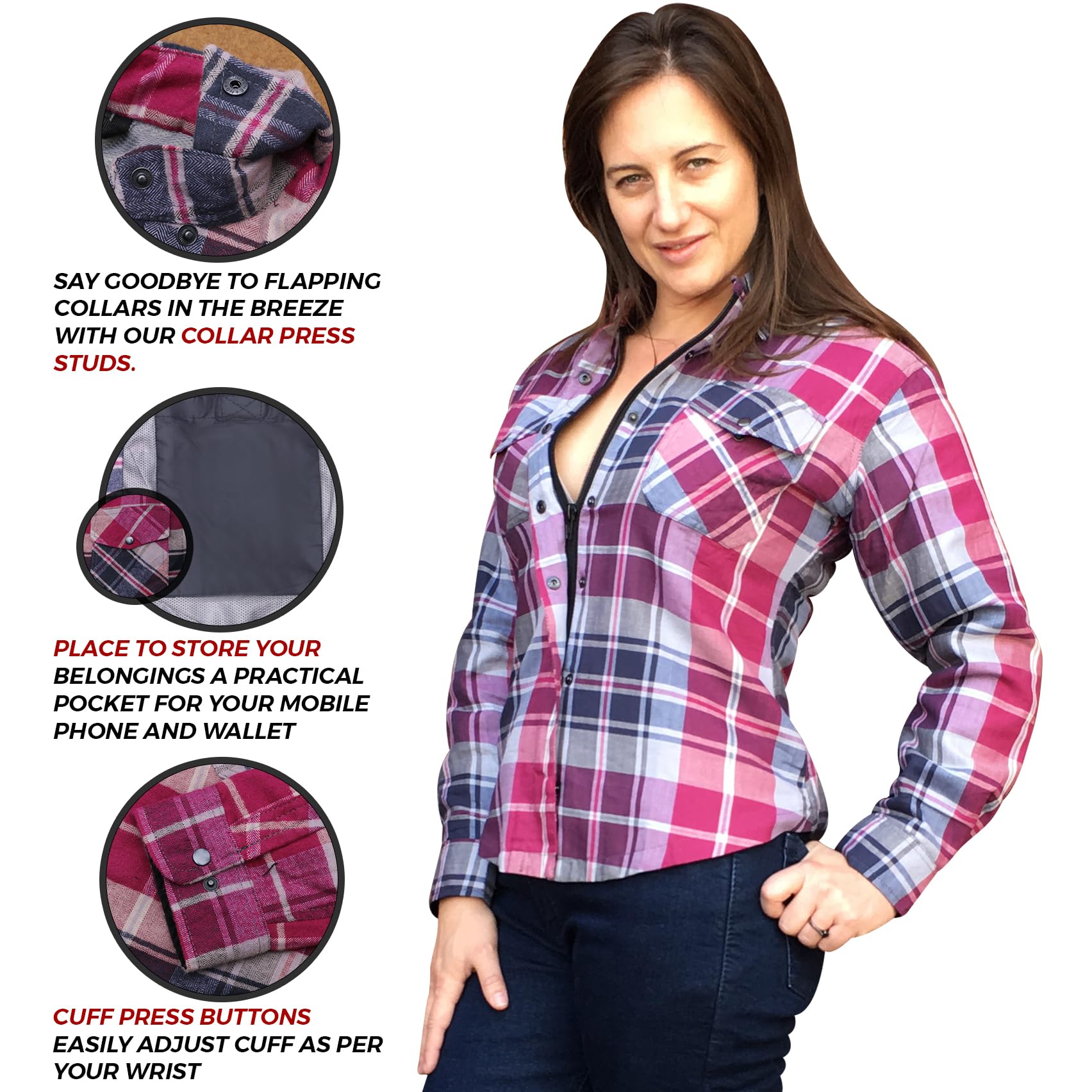 Bikers Gear - Chaqueta de motocicleta para mujer, camisa blindada de Kevlar de 280 g/m², aramida Dupont™ Kevlar® con protección CE