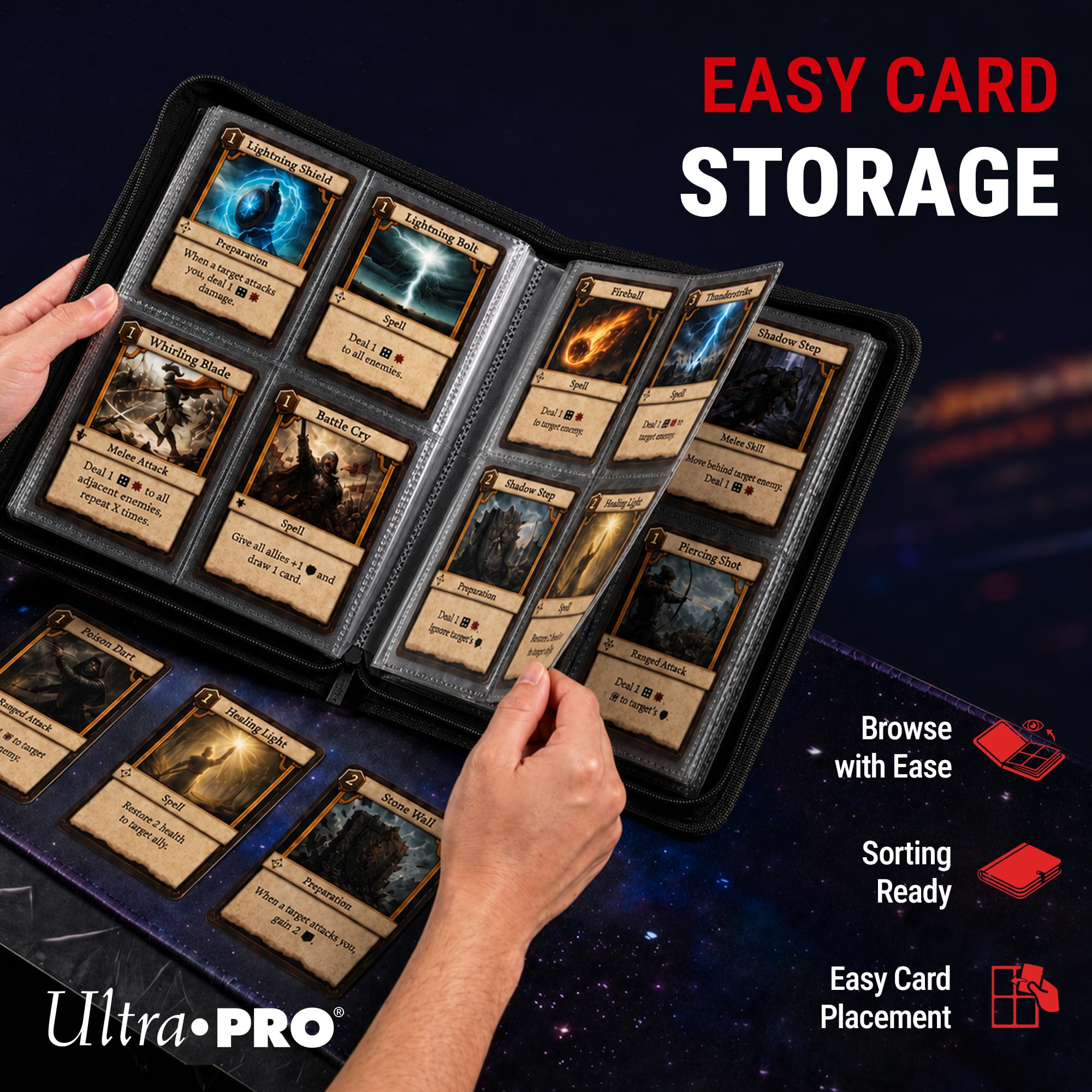 Ultra PRO - 4-kieszeniowy Toploader zapinany na zamek Premium Pro-Binder: trzyma, przechowuje i chroni karta w standardowym rozmiarze, sportową, baseballową lub kolekcjonerską