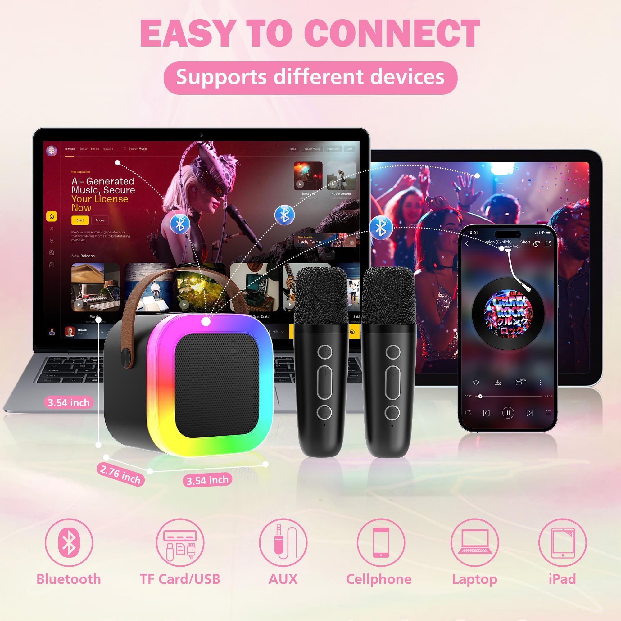 Mini Machine de karaoké pour Enfants et Adultes, Haut-Parleur Bluetooth Portable avec 2 Microphones sans Fil, Cadeaux d'anniversaire pour Filles âgées de 4, 5, 6, 7, 8, 9, 10 Ans et（Black）