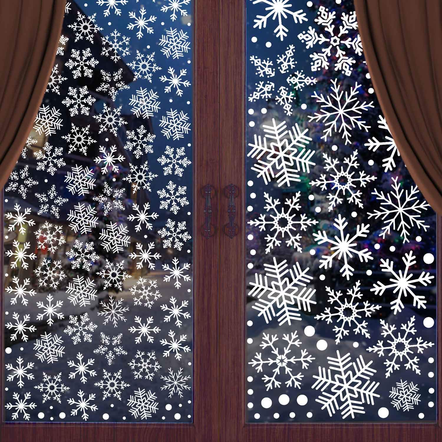 CUALFEC Snowflake Window Clings for Glass Windows Assorted Size Snowflakes Window Decals Reusable & Removable Static Material - 300+ Pcs …