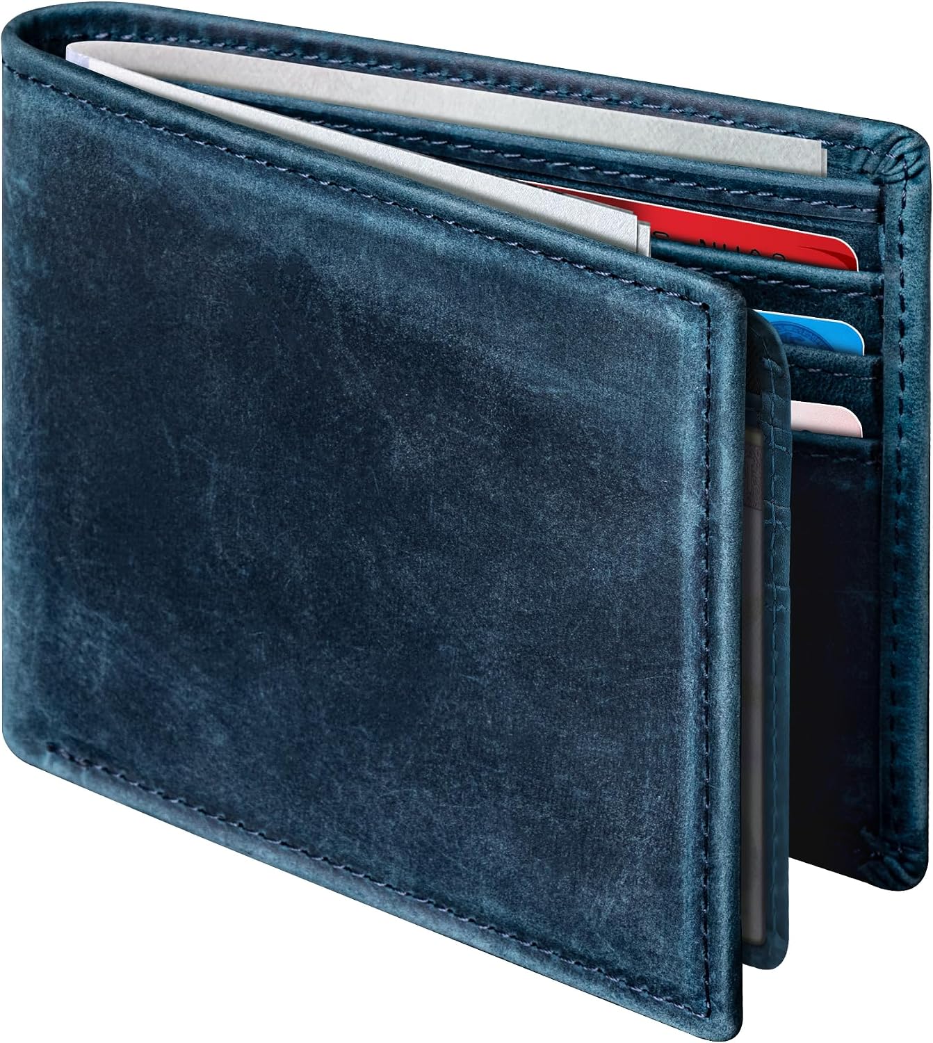 GSOIAX Premium Crazy Horse Leather Wallet for Men-Handcrafted Vintage Bifold Wallet with 11 Card Slots,2 ID Windows & 2 Cash Pockets,RFID Blocking,wallet Gift ideas for Him (Navy)