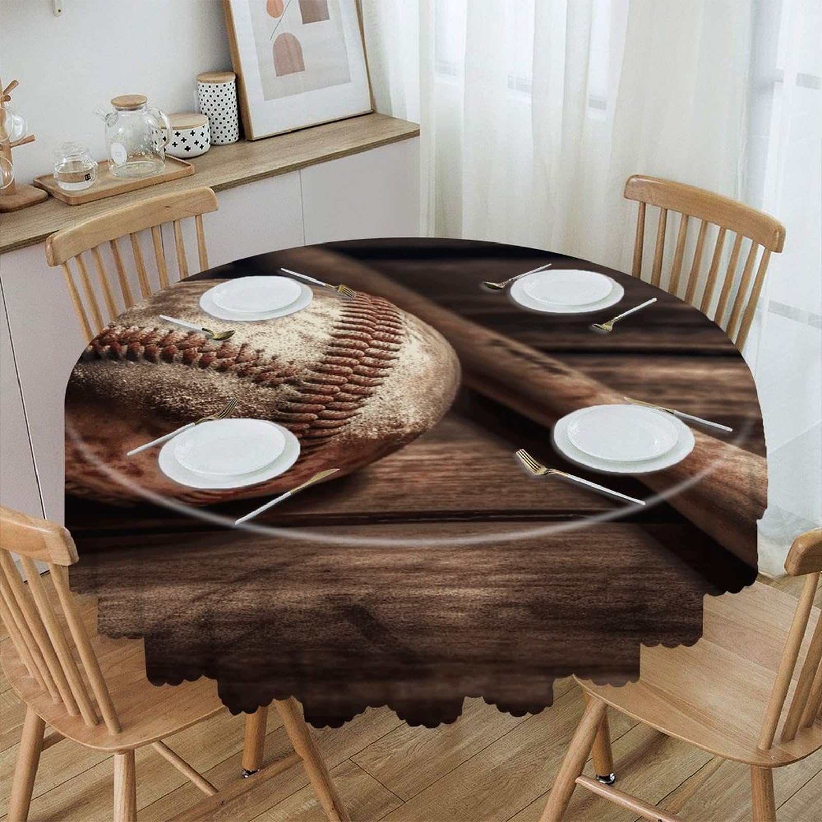 VstaDank 60 Inch Round Baseball on Wooden Tablecloth Polyester Waterproof Wrinkle Free Table Cloth Spillproof Washable Table Cover Colorful Tablecover Decor for Home Kitchen Dining Party