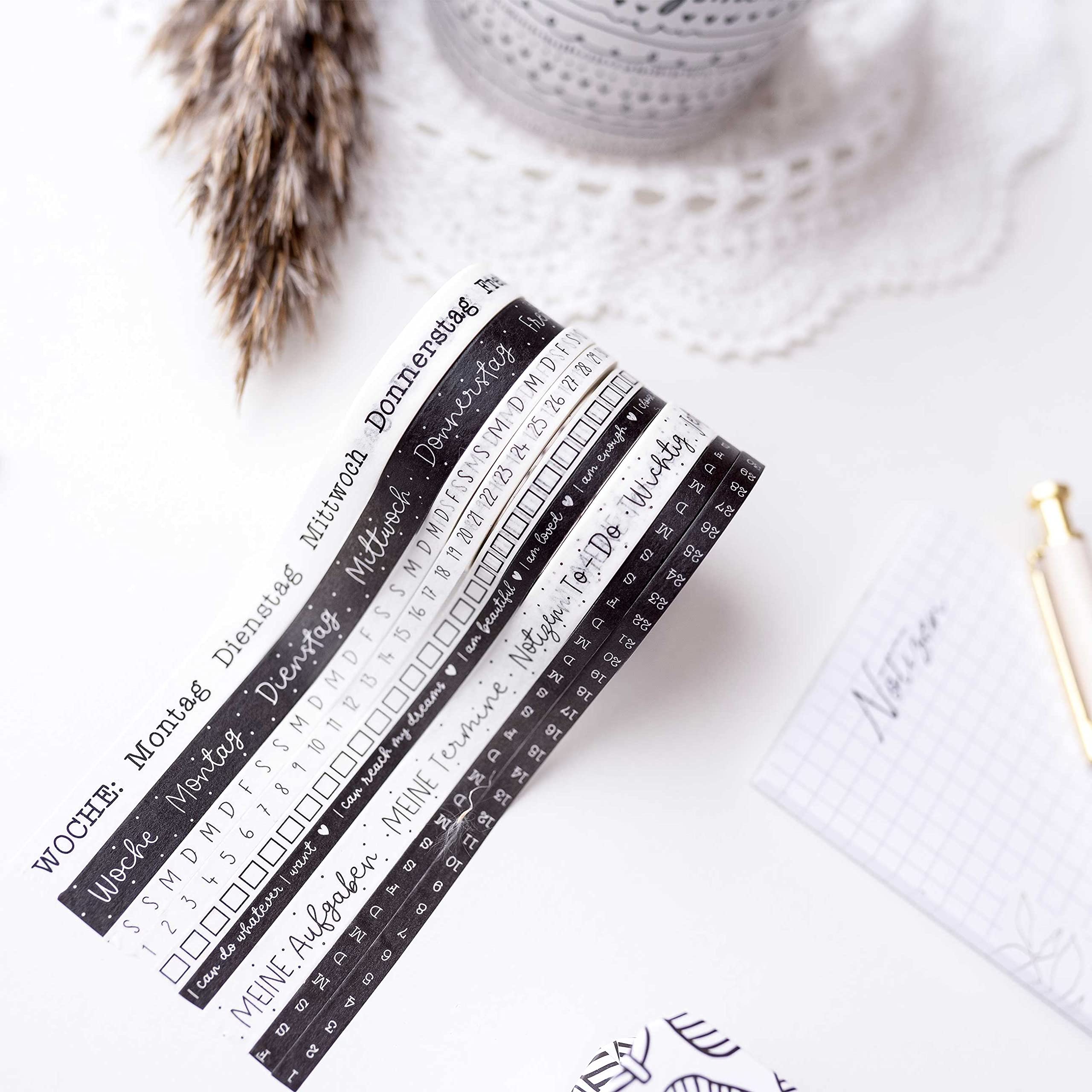 Papierdrachen 9 taśm Washi do dziennika, odręczne napisy, dni tygodnia, po prostu przyklej, do zrobienia, tygodniowy harmonogram DIY, zadania, idealne dla początkujących i profesjonalistów, czarne