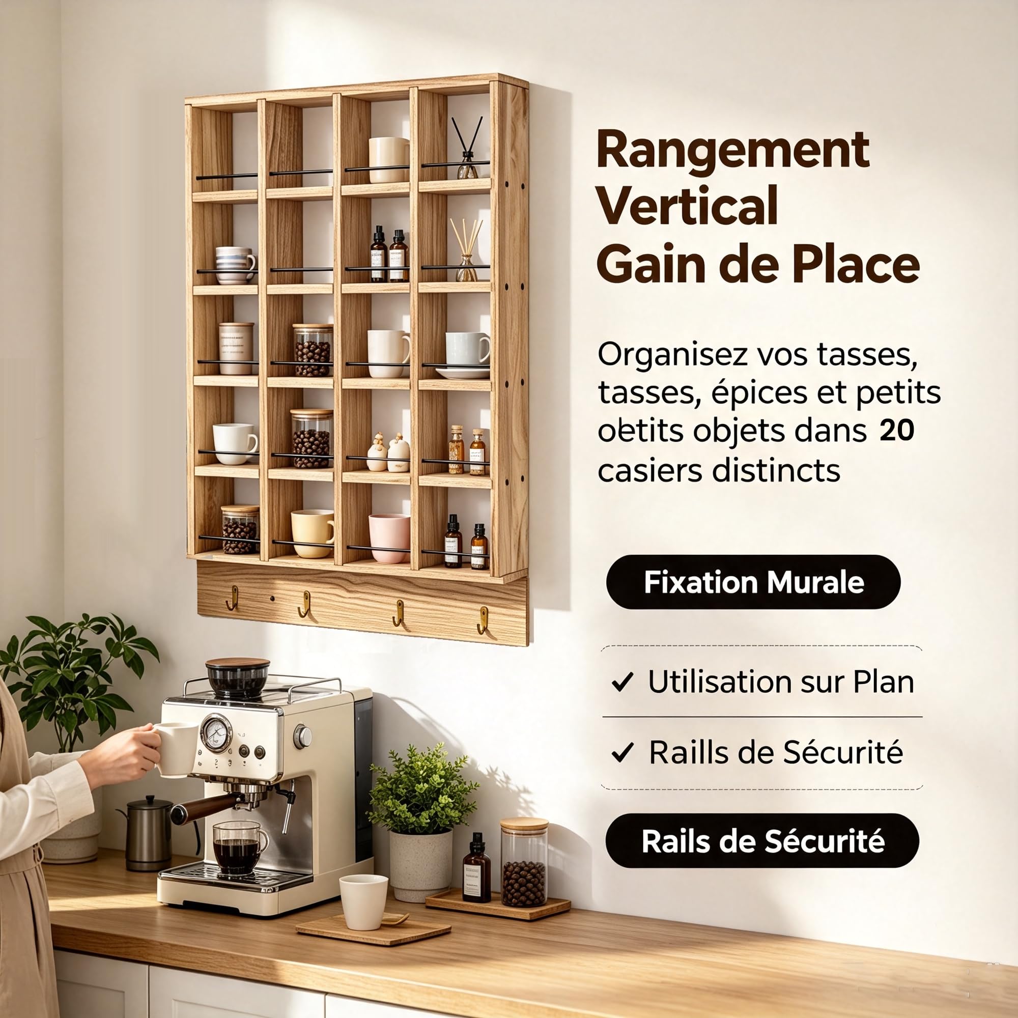 bimiti Porte-Mugs en Bois Rustique, Étagère à Tasses à Café Murale