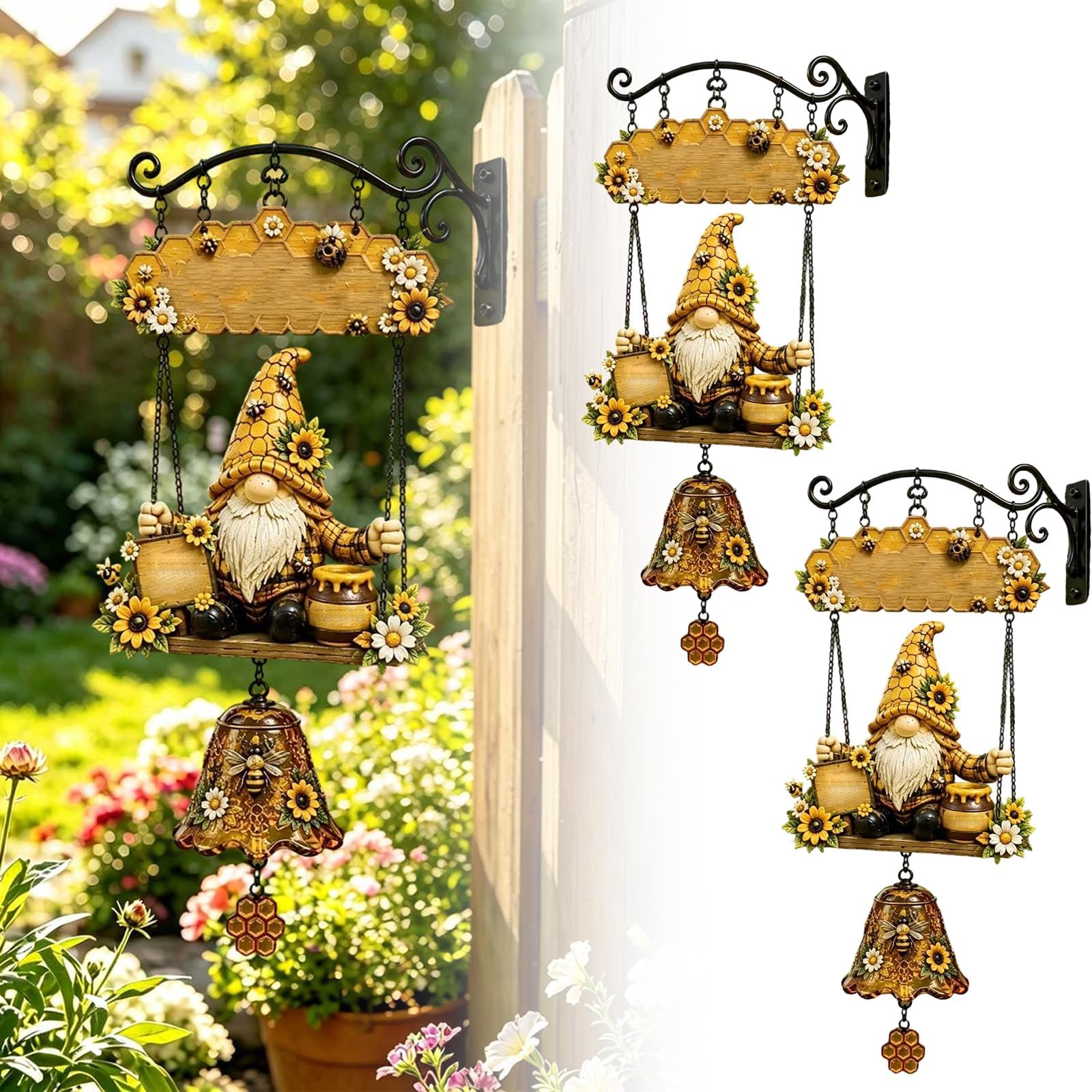 Timbre colgante de gnomo rústico para decoración de patios y campana de cena exterior