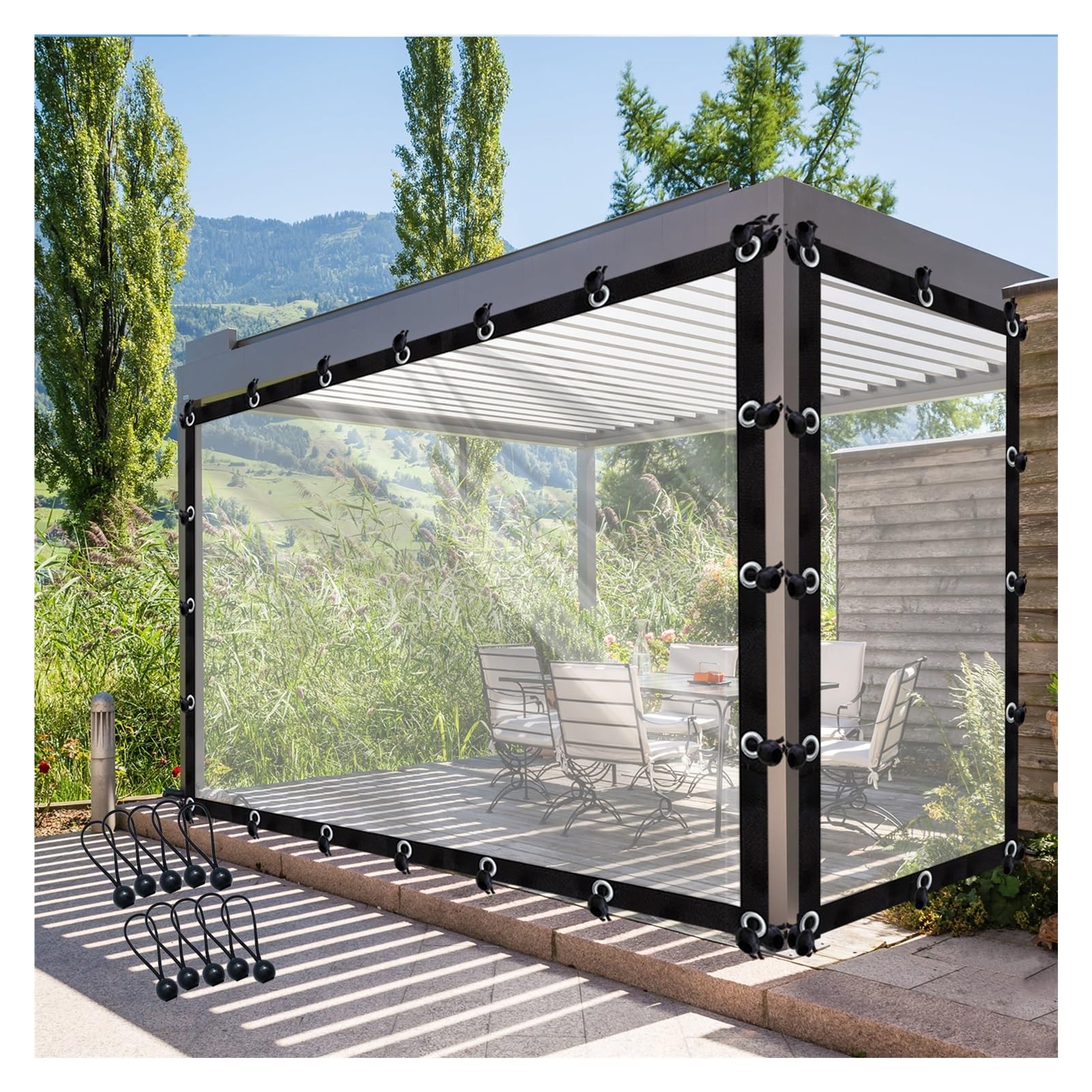 Pavillon-Vorhänge für den Außenbereich, wasserdicht, Pergola-Seitenteile für Garten, mit Ösen, anpassbar, transparente PVC-Plane, 5 x 6 m
