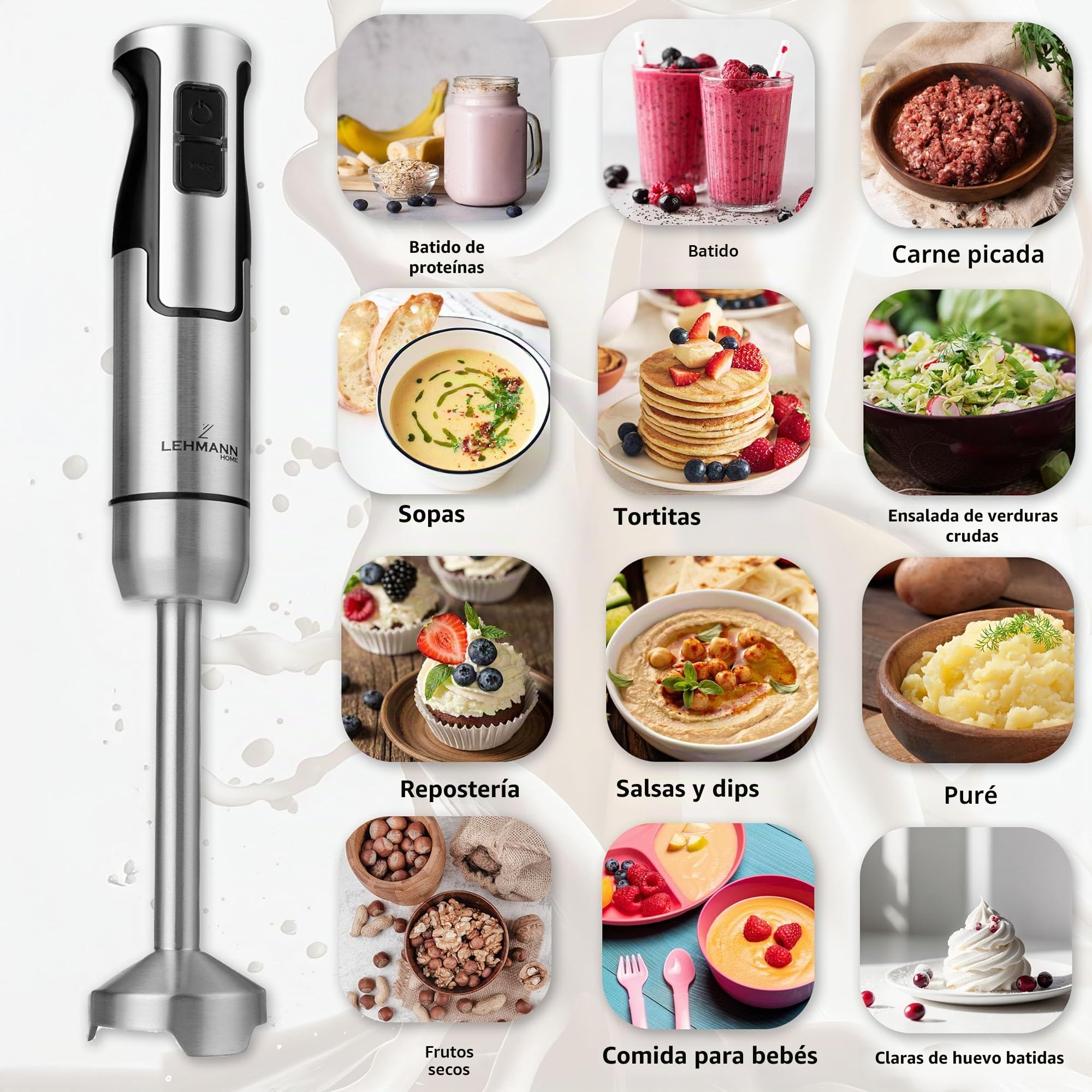LEHMANN Batidora de mano multifunción 5 en 1, Potencia 1200W, Acero inoxidable, 8 velocidades ajustables + función Turbo, 6 Accesorios incluidos, Picadora 500 ml & Vaso medidor 860 ml, Libre de BPA