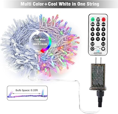 Miniatura 7 de BrizLabs - Luces de Navidad, tono blanco frío y multicolor, 180 pies, 500 LED que cambian de color, 11 modos de iluminación, control remoto,