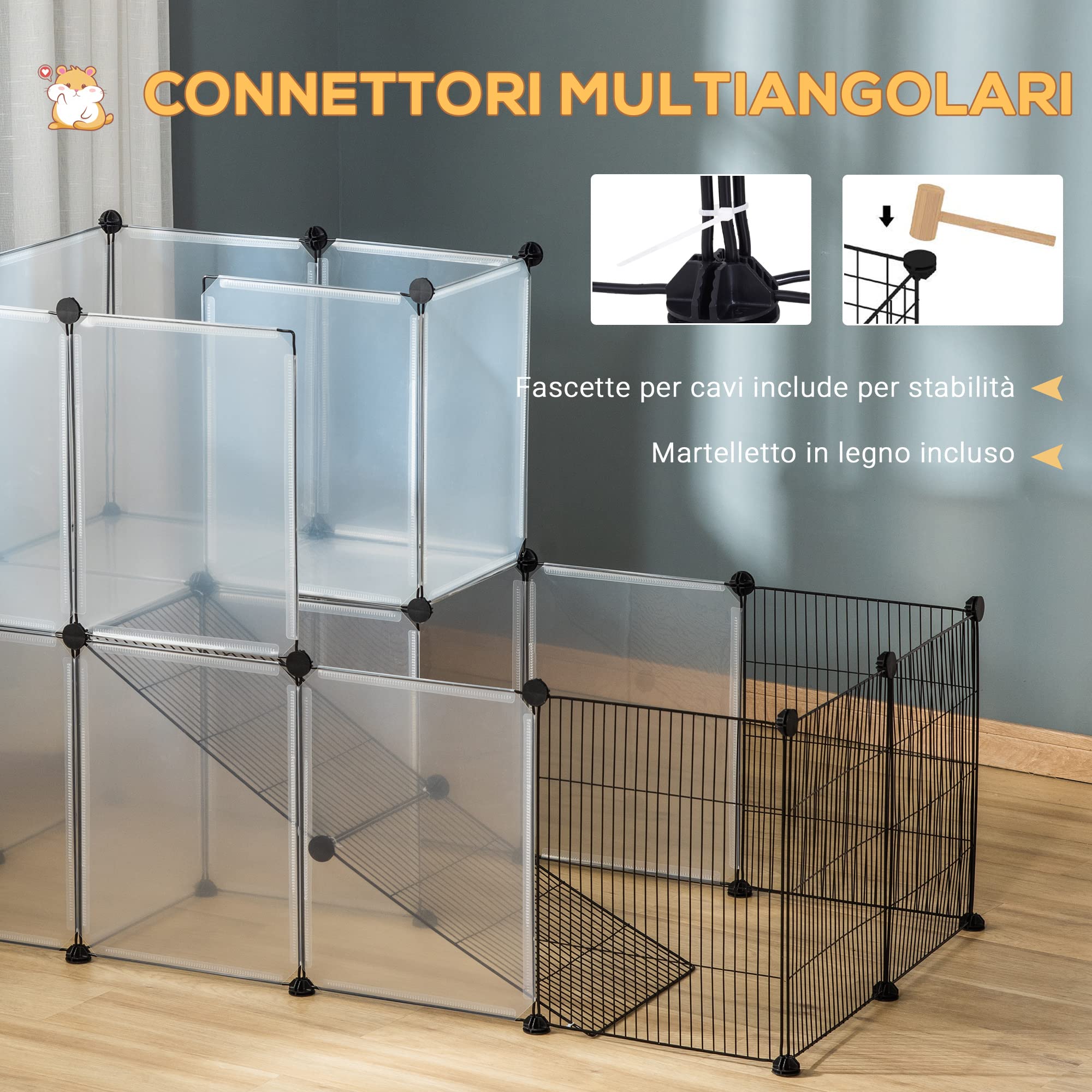 PawHut Recinto Modulare per Conigli, Cincillà e Porcellini d'India, Box per Animali di Piccole Dimensioni, 27 Pannelli Acciaio e Resina