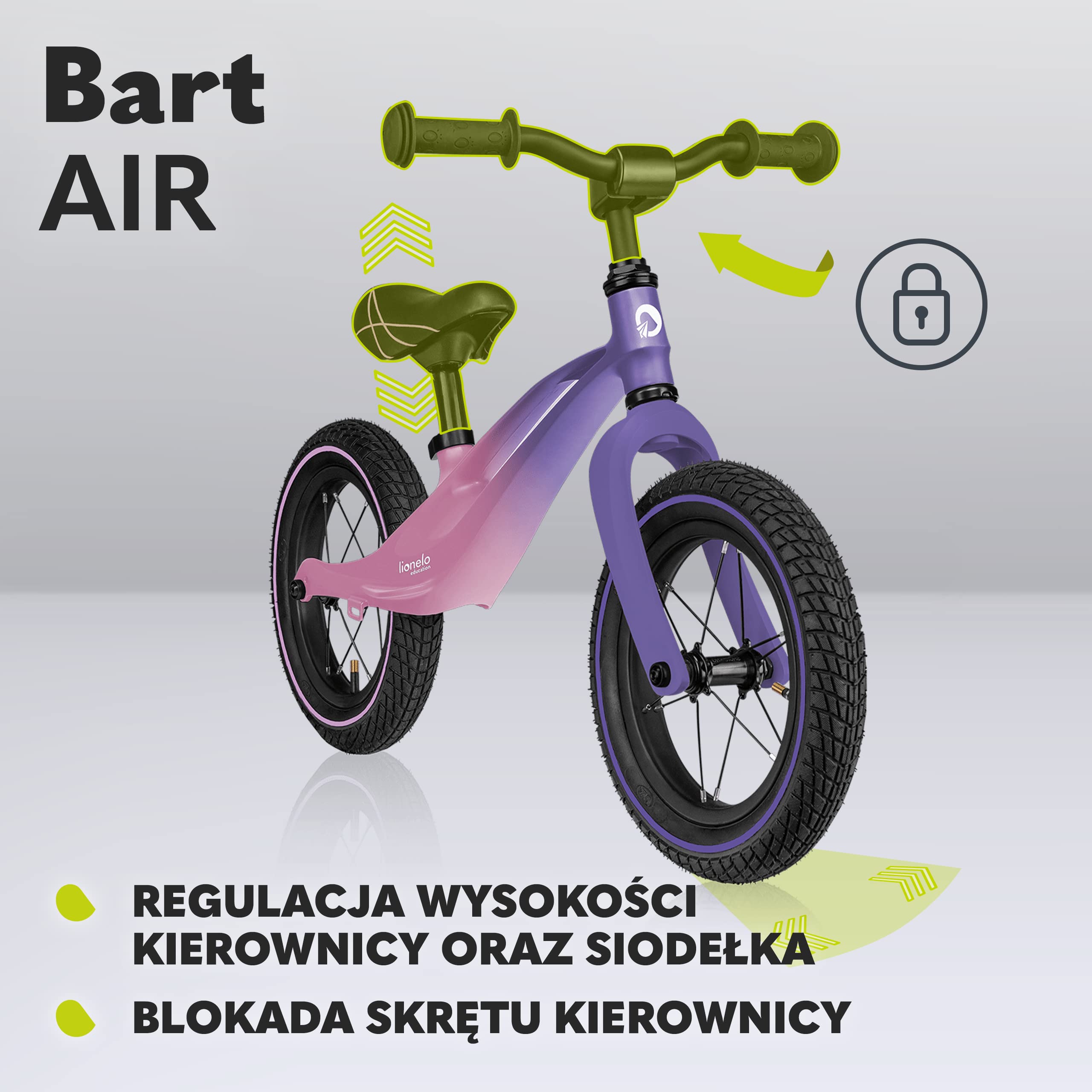 LIONELO Bart Air rowerek biegowy do 30kg, piankowe koła EVA, magnezowa rama, eko-skóra, wyprofilowany podnóżek, antypoślizgowe nakładki, uchwyt do przenoszenia, miękka struktura