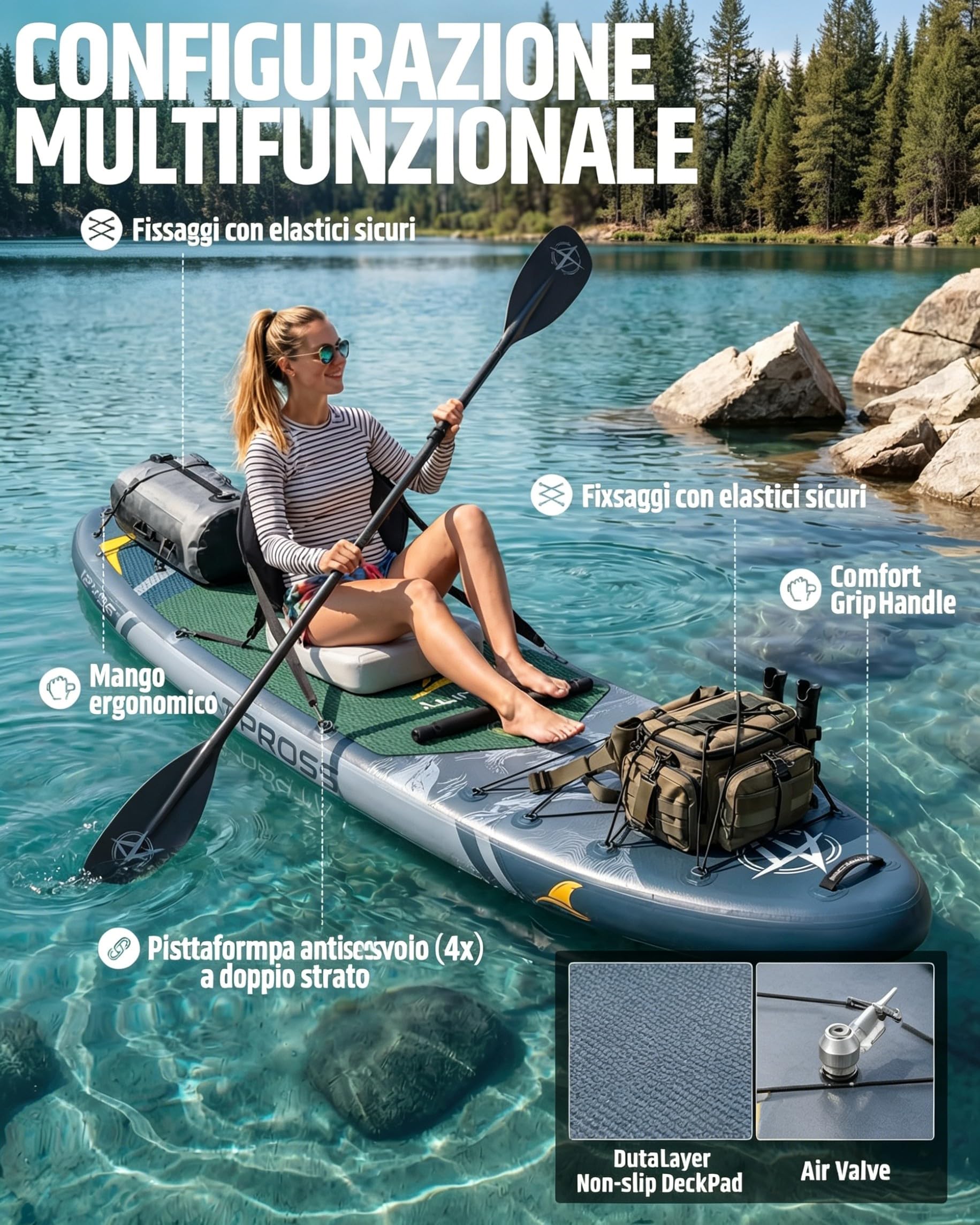 Tavola SUP Gonfiabile con Sedile Kayak e Accessori, 366x92cm Stand Up Paddle Extra Largo e Stabile, Portata 240kg, Canoa Gonfiabile 2 Posti per Yoga, Pesca e Surf
