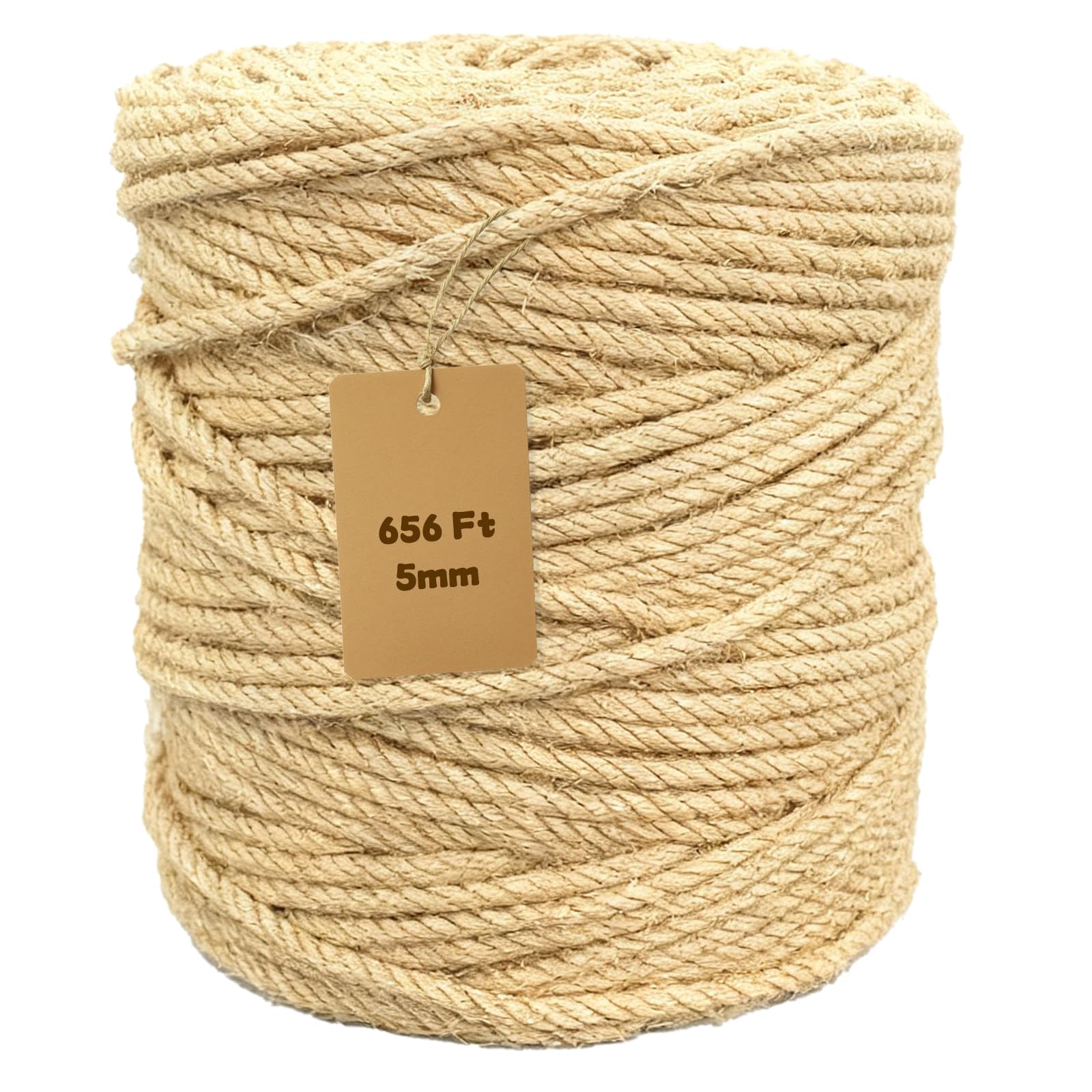 Natural Jute Twine 5mm x 656ft, 4Ply Twisted Heavy Duty Rope Roll for Gardening, Crafting, Bundling, Cat Scratching Post, Home Decor, Christmas Decorations