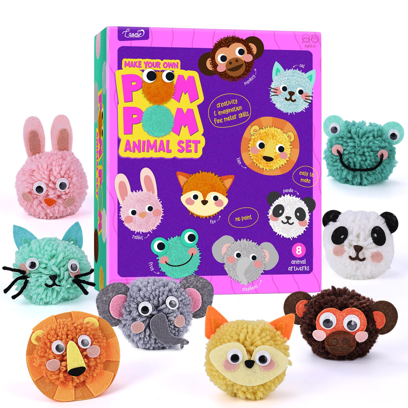 LAOESE Kit de Manualidades de Animales Pompones para Niños de 4-8 Años - Regalo Niña Niño 4 5 6 7 8 Años Cumpleaños- Juegos y Juguetes de Manualidades Niños Niña 4-12 Años