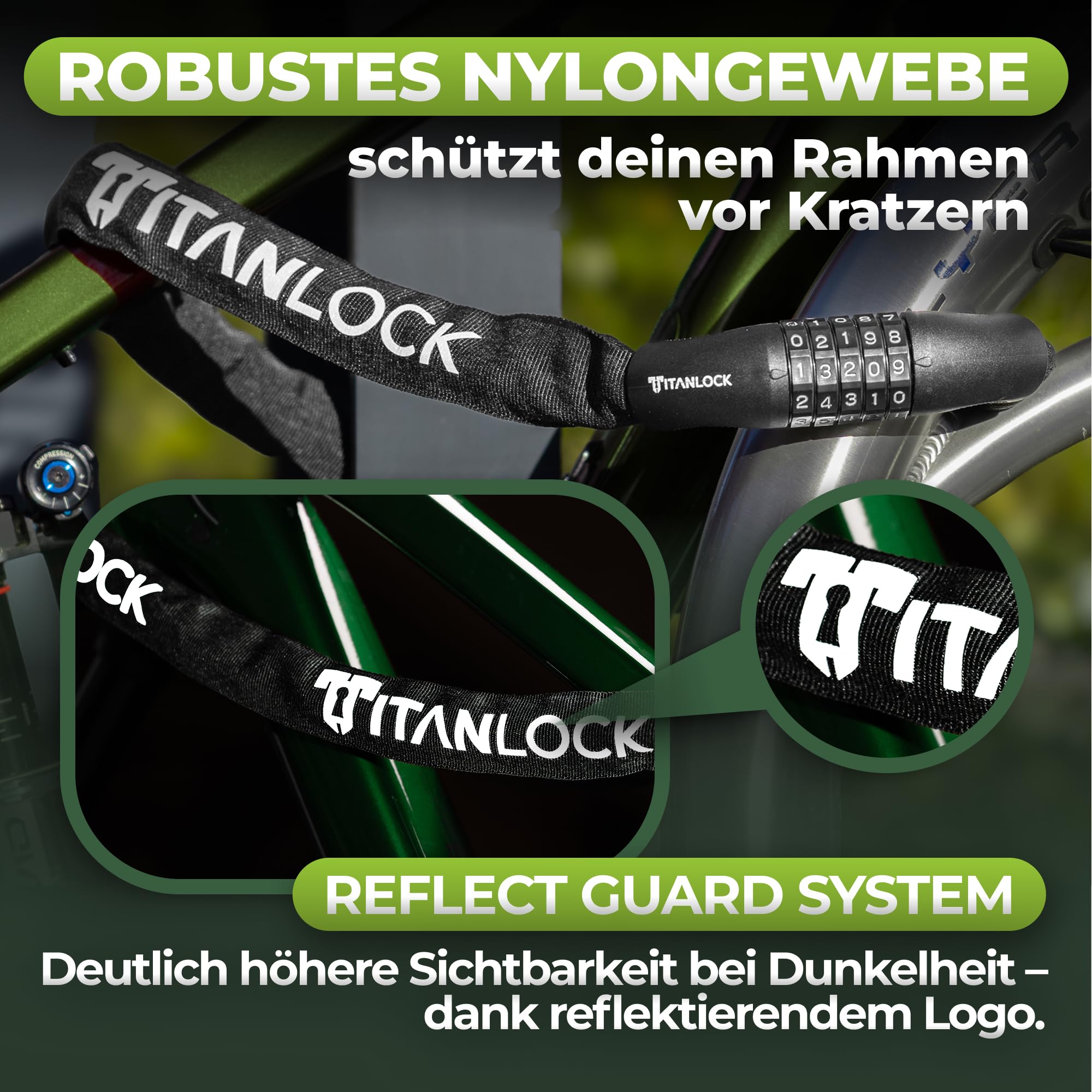 Fahrradschloss Kettenschloss Diebstahlsicher [REFLEKTIEREND] + Leichter Transport Rostfrei Sicherheitsstufe 7/10
