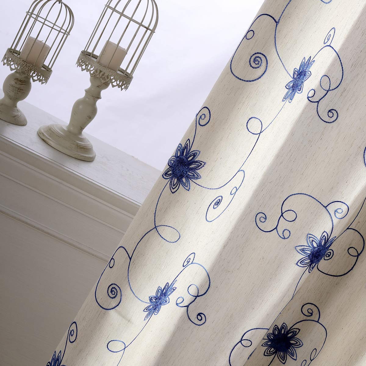 VOGOL Bedroom Curtains 96 Inches Long, Blue Floral Embroidered Elegant Window Treatments for Living Dining Room Top Grommet, 2 Pieces - Image 3