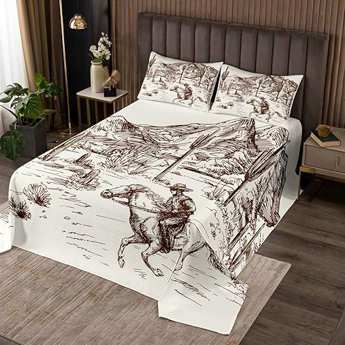 Erosebridal Juego de edredón de vaquero tamaño Queen, juego de colcha del oeste para niños y hombres, ilustración dibujada a mano con caballo