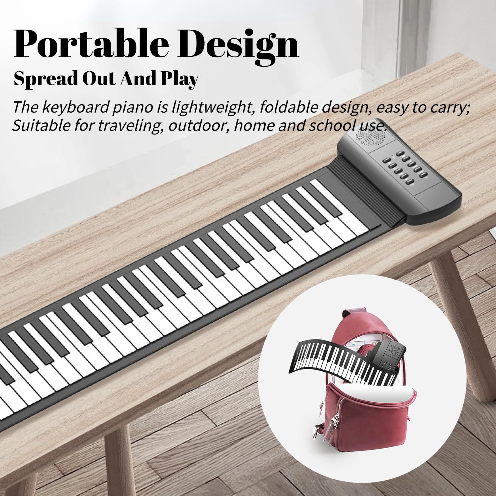 Tragbares Klavier mit 49 Tasten, Elektrische Aufrollbare Flexible Klaviertastatur für, Anfänger, Erwachsene, Unterstützt 4D-Surround-Sound, USB-batteriebetrieben