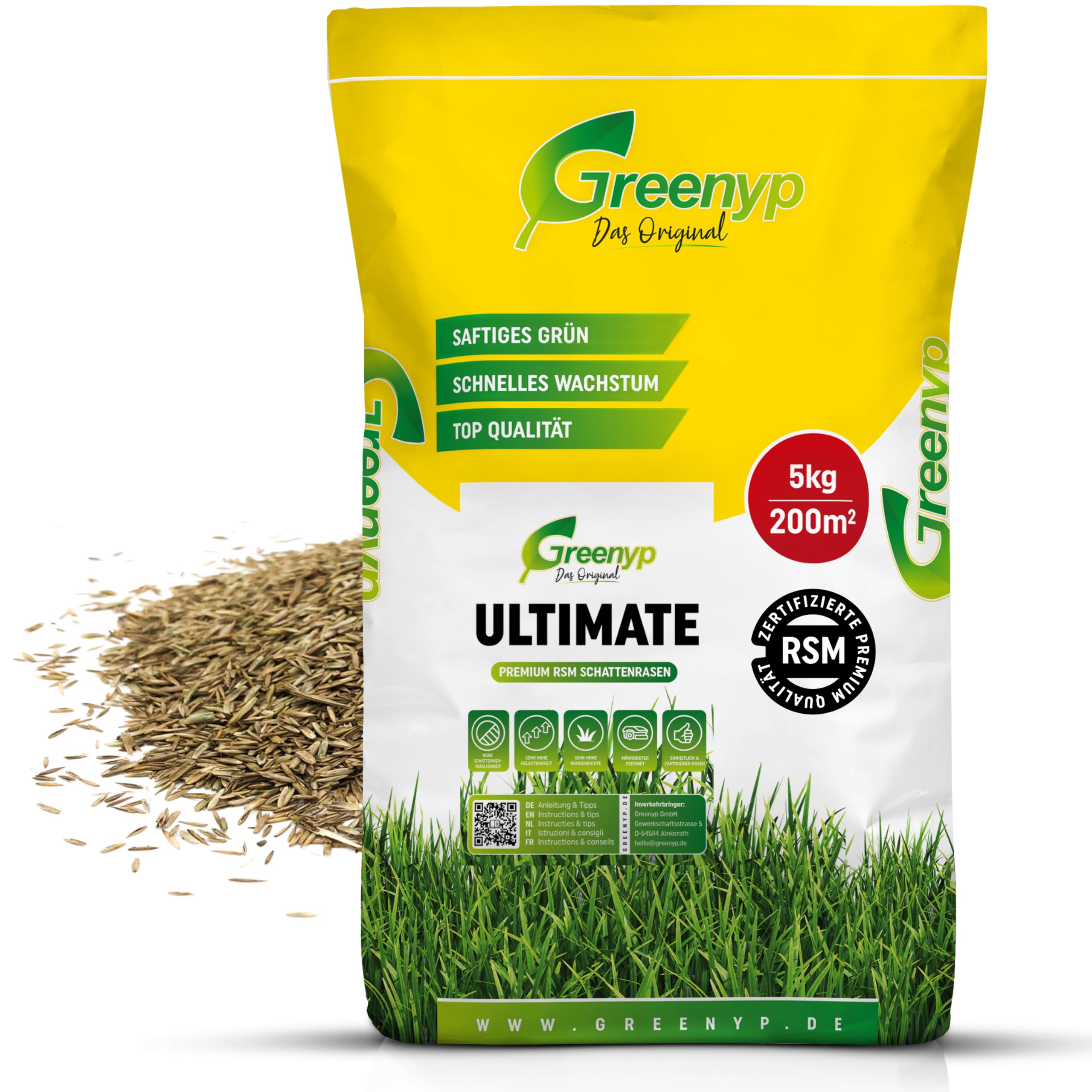 Greenyp® Ultimate I Premium RSM - Erba ombreggiata con 100% RSM, 5 kg per 200 m², seme di erba, seme di erba per luoghi ombreggiati e asciutti