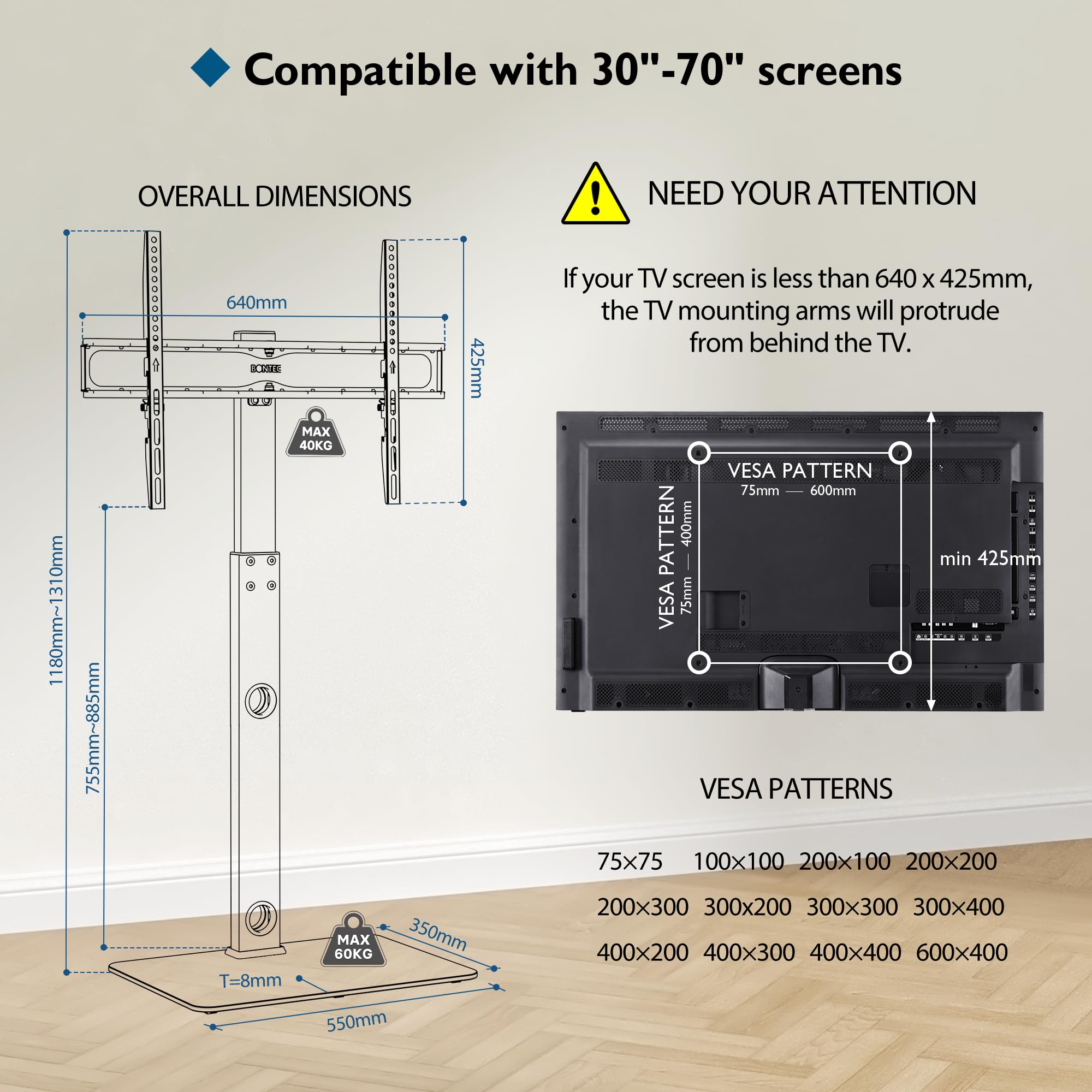 BONTEC Supporto da pavimento per TV da 30 a 70 pollici, LED, LCD, OLED, Plasma, piatto e curvo, altezza regolabile, con staffe fino a 40 kg, VESA max 600 x 400 mm, bianco…