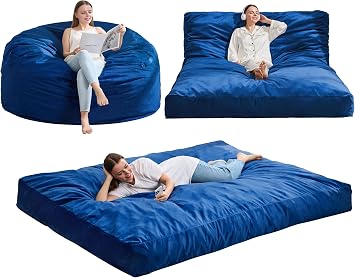 Hobestluk Giant Bean Bag Chair Bed for Adults, Large Bean Bags with High-Density Foam Filling, Convertible Big Sofa Bed Couch for Living Room, Bedroom, Playroom Blue, Queen