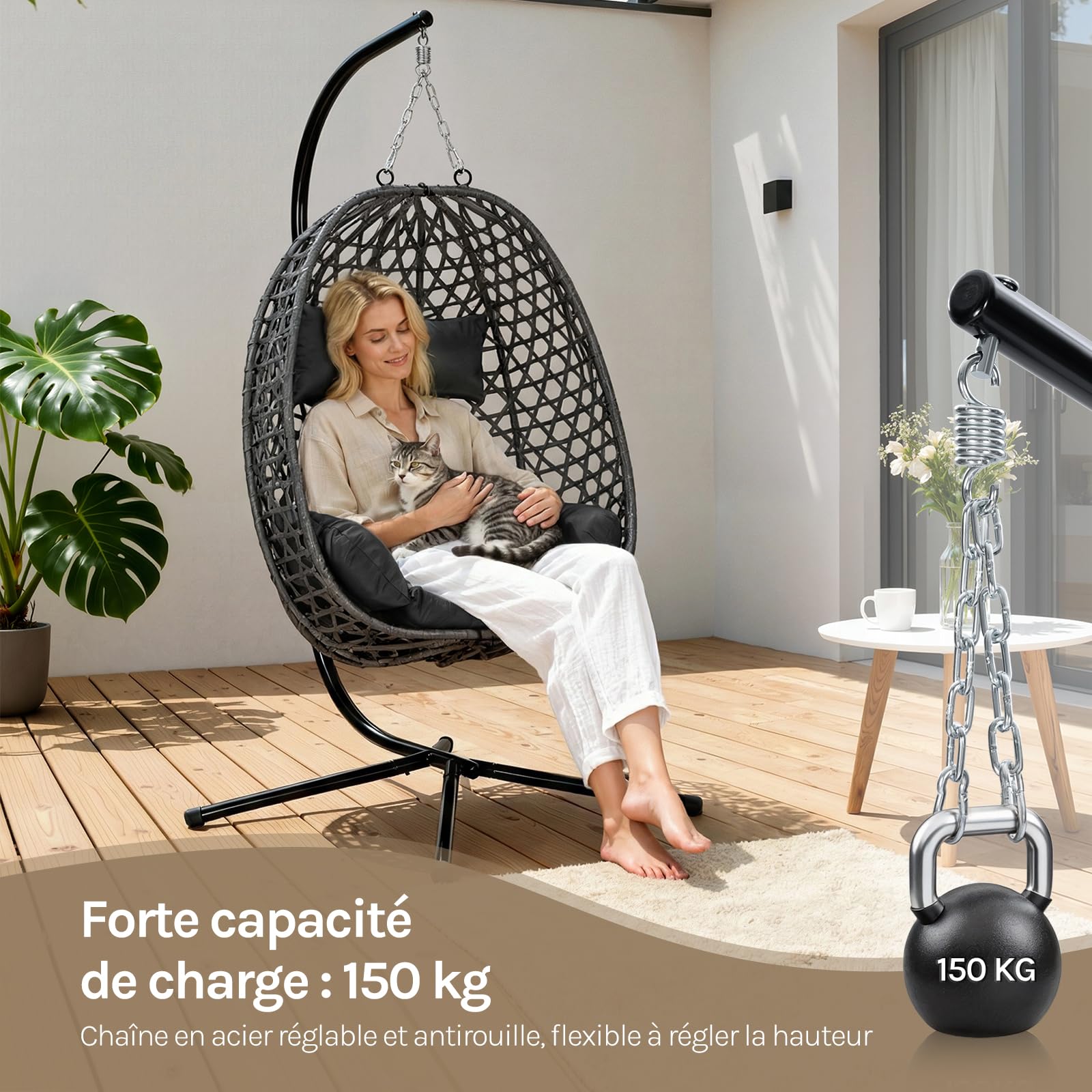 WOLTU Fauteuil Œuf Suspendu, Chaise Hamac Balançoire, avec Support en Métal, Coussin de Siège et Appui-tête, Charge 150 kg, Rotin PE, pour Jardin, Balcon, Terrasse, 102x100x196cm, Noir