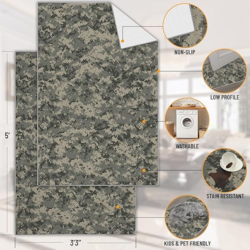 Miniatura 3 de Ottomanson US Army - Alfombras antideslizantes de goma con diseño de camuflaje, 3 x 5 pies, lavables a máquina, alfombras para sala de estar,