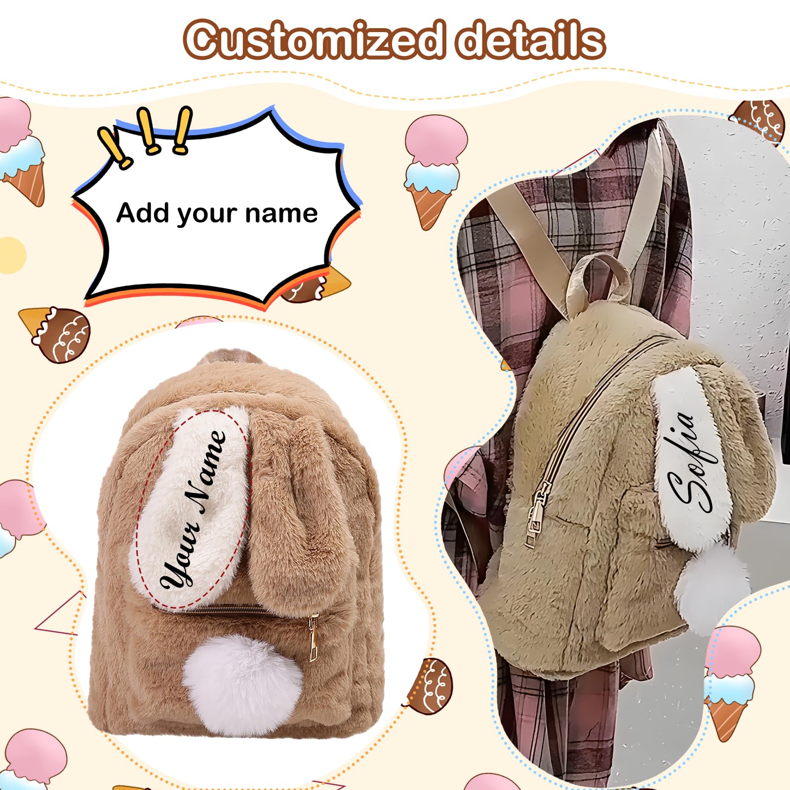 Sac Personnalisable Enfant, Sac a Dos Personnalisé Enfant Prenom, Sac à Dos Bebe Lapin en Peluche, Sac a Dos Enfants Fille Garcon, pour Maternelle Primaire et Collège (Kaki)