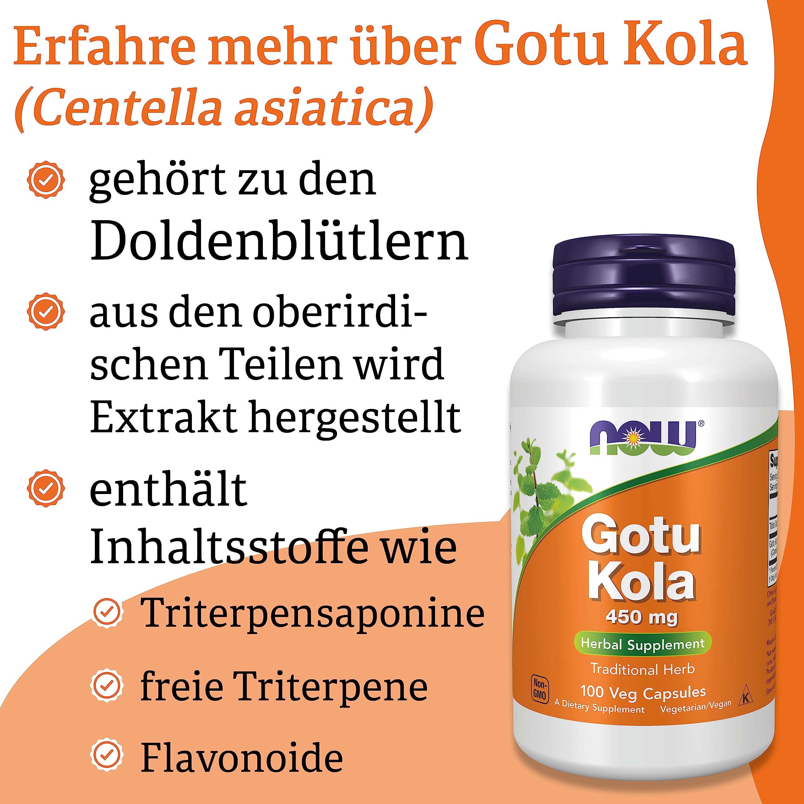 Now Foods, Gotu Kola, 450 mg, 100 vegane Kapseln, Laborgeprüft, Pflanzlich, Glutenfrei, Sojafrei, Vegetarisch