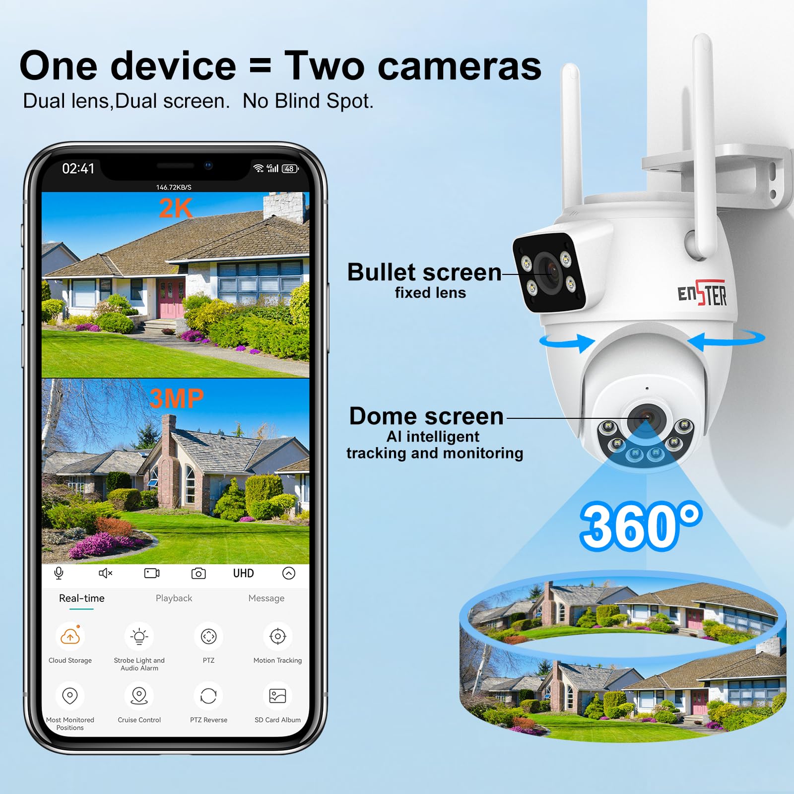 ENSTER 3G/4G LTE Telecamera Esterno con SIM Card a Doppio Lente, PTZ IP Videocamera, 2K Sorveglianza Pan 355°/Tilt 90°, Auto Tracking