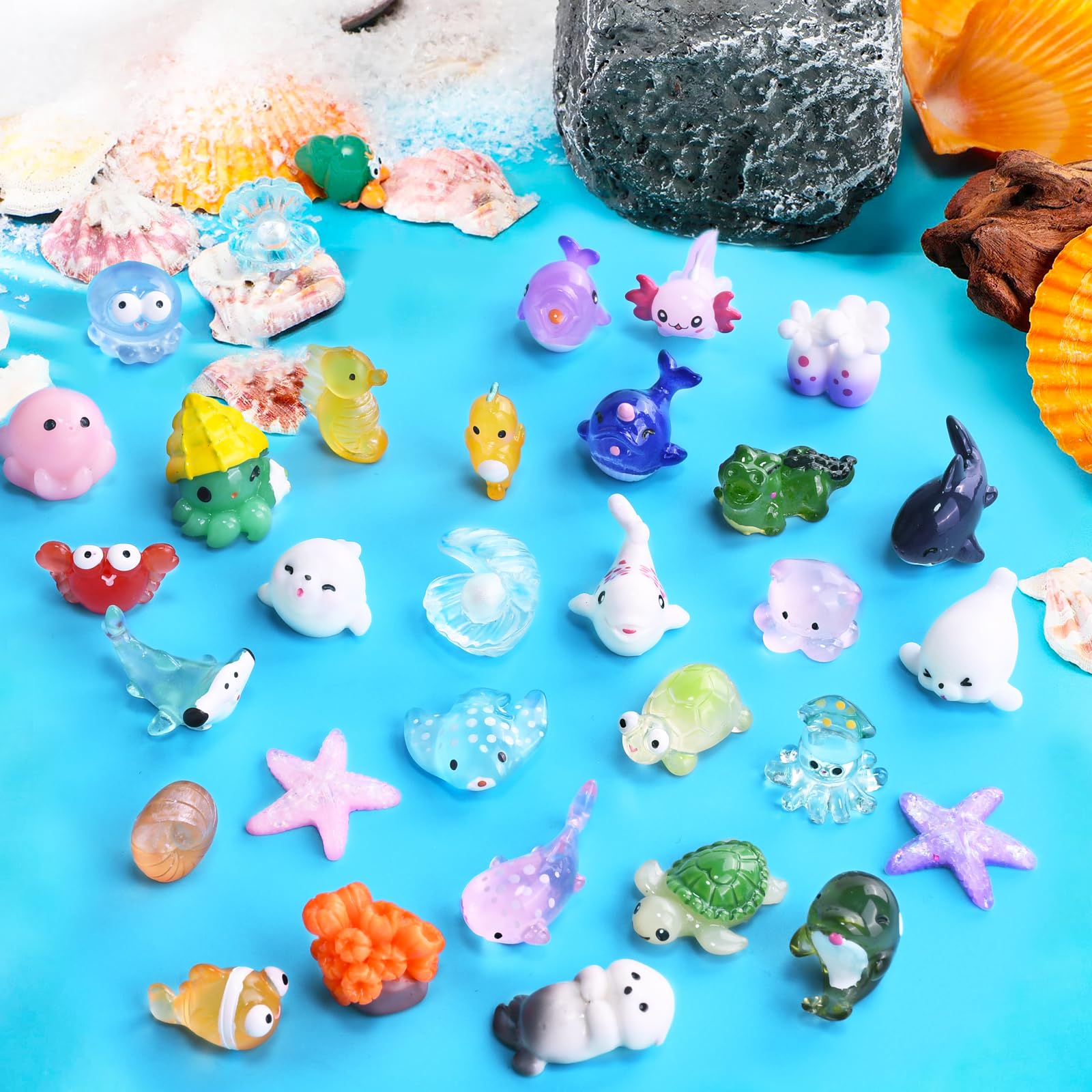 HSLCGF 30 PCS Miniature Ocean Theme Mini Resin Ocean Animals Ocean Mini Figurines Resin Axolotl for DIY Fish Tank Accessories, Micro Landscape Aquarium
