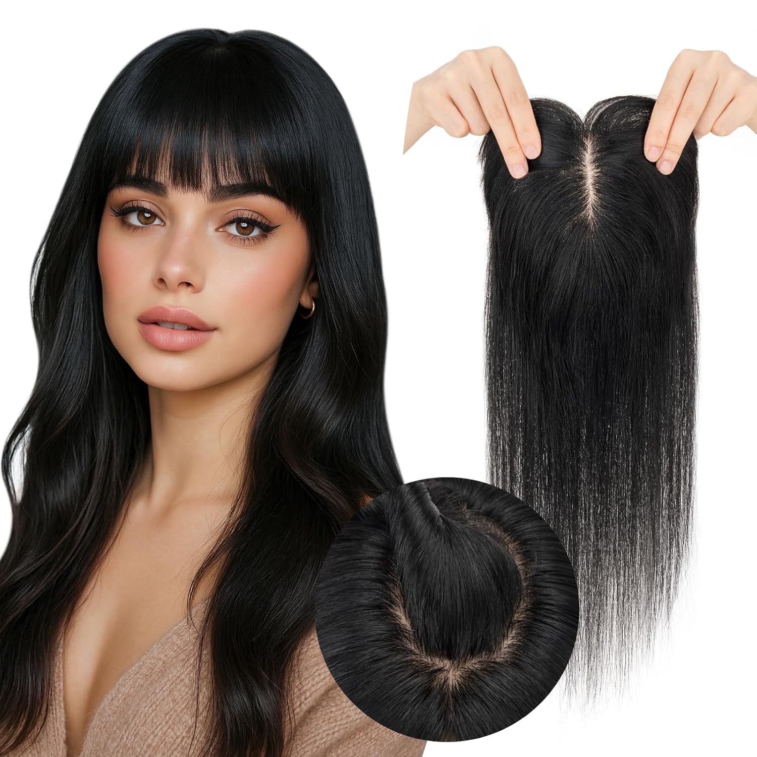 Real Human Hair Toppers for Women 3.54"*4.72" Silky Base 150% Density With Bangs Adjustable Parting Clip-In Topper Hairpieces for Women with Thinning Hair 10 Inches Dark Black