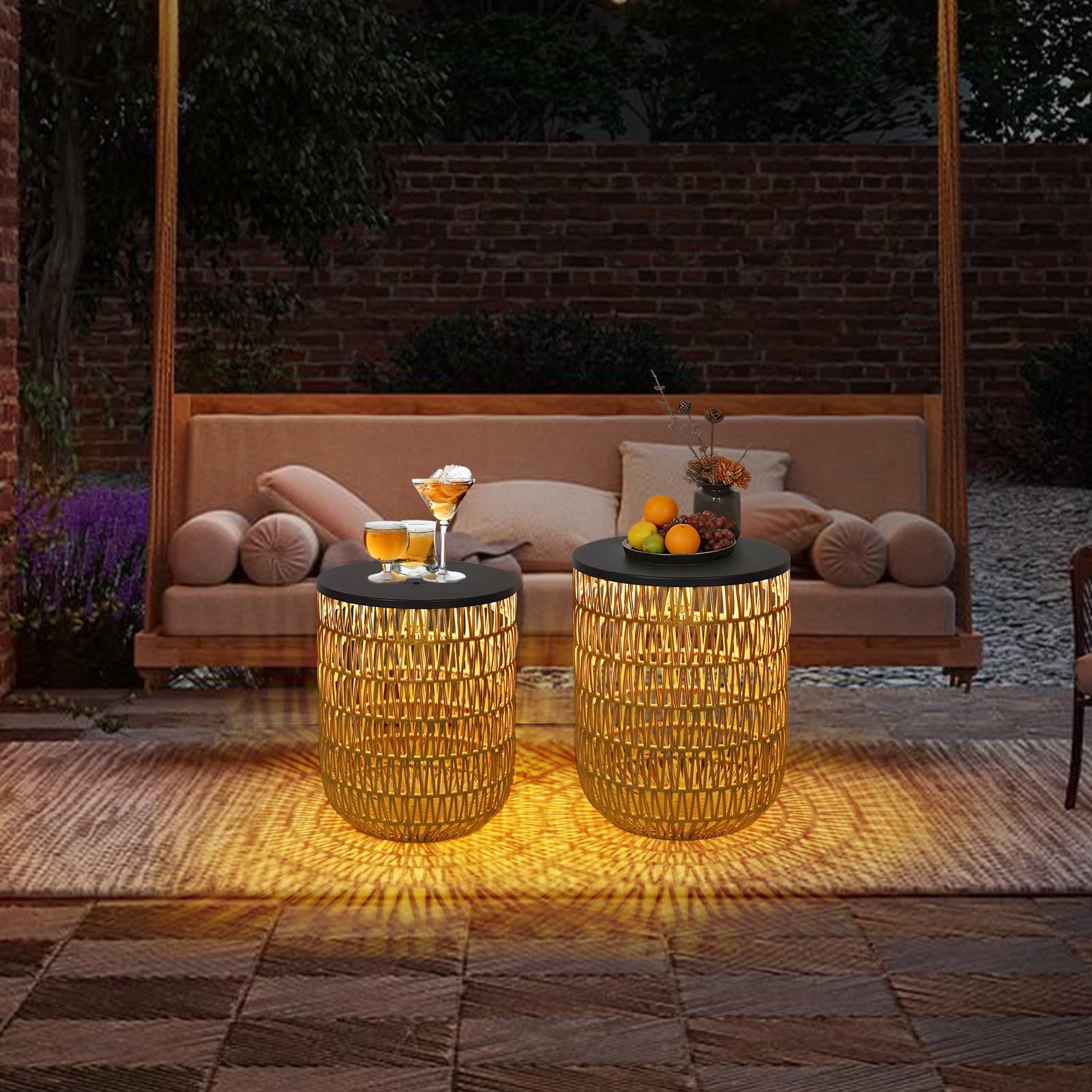 Rayofly Solar Beistelltisch Outdoor 2er Set, Rund Gartentisch Wetterfest mit Solarleuchte, Boho Solar Outdoor Tisch, Kunststoff-Rattan Solarlampe Tisch für Außen, Balkontisch, Beistelltisch Terrasse
