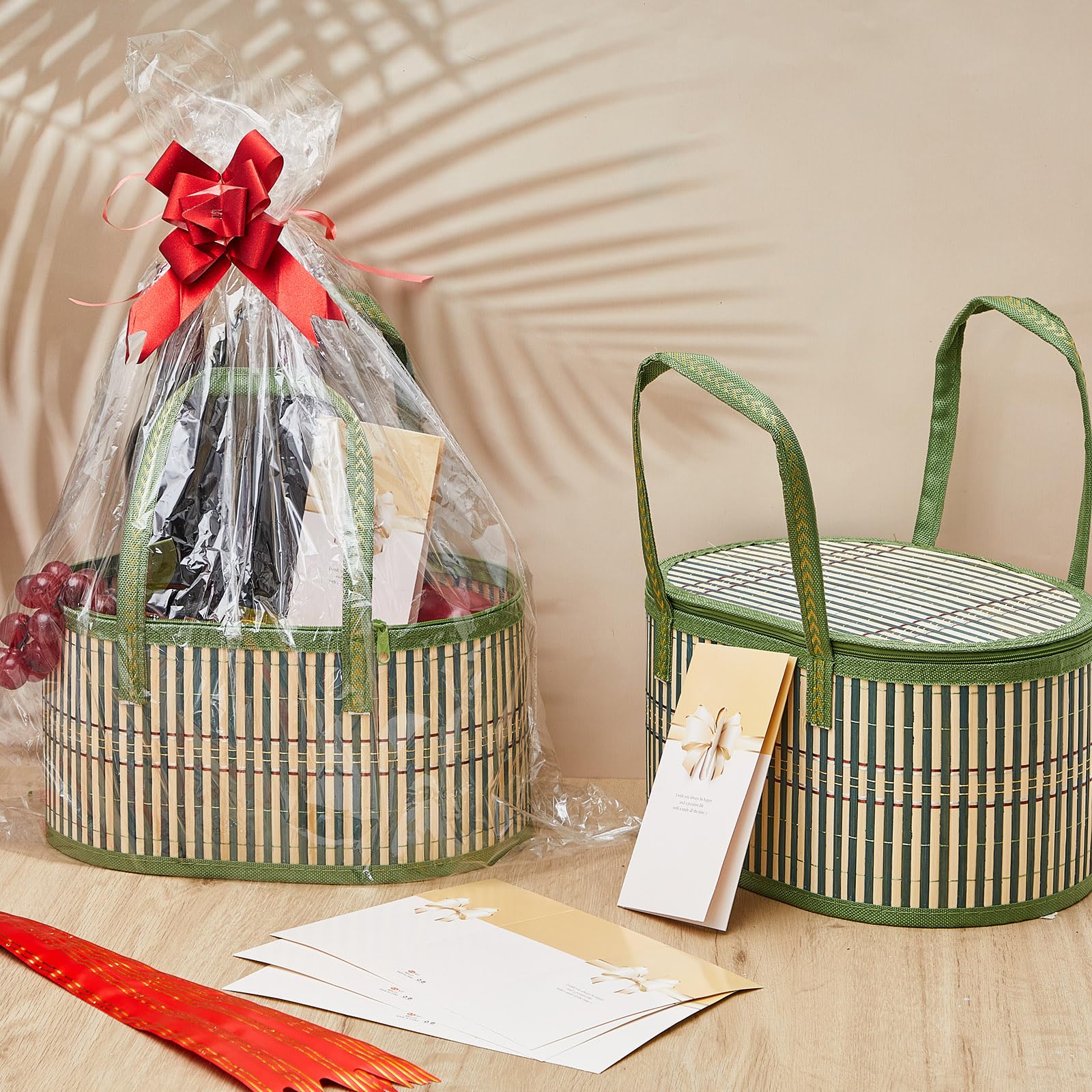 Tioncy Set di 6 cesti regalo vuoti grandi in bambù intrecciato, kit con manici, cesti in cellophane trasparente per baby shower, feste di compleanno, sacchetti regalo per biglietti (verde)