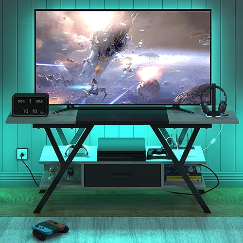 Miniatura 2 de Yusong Soporte de TV LED de 65 pulgadas, mesa de TV para juegos de centro de entretenimiento con tomas, consola multimedia de hasta 65 pulgadas para