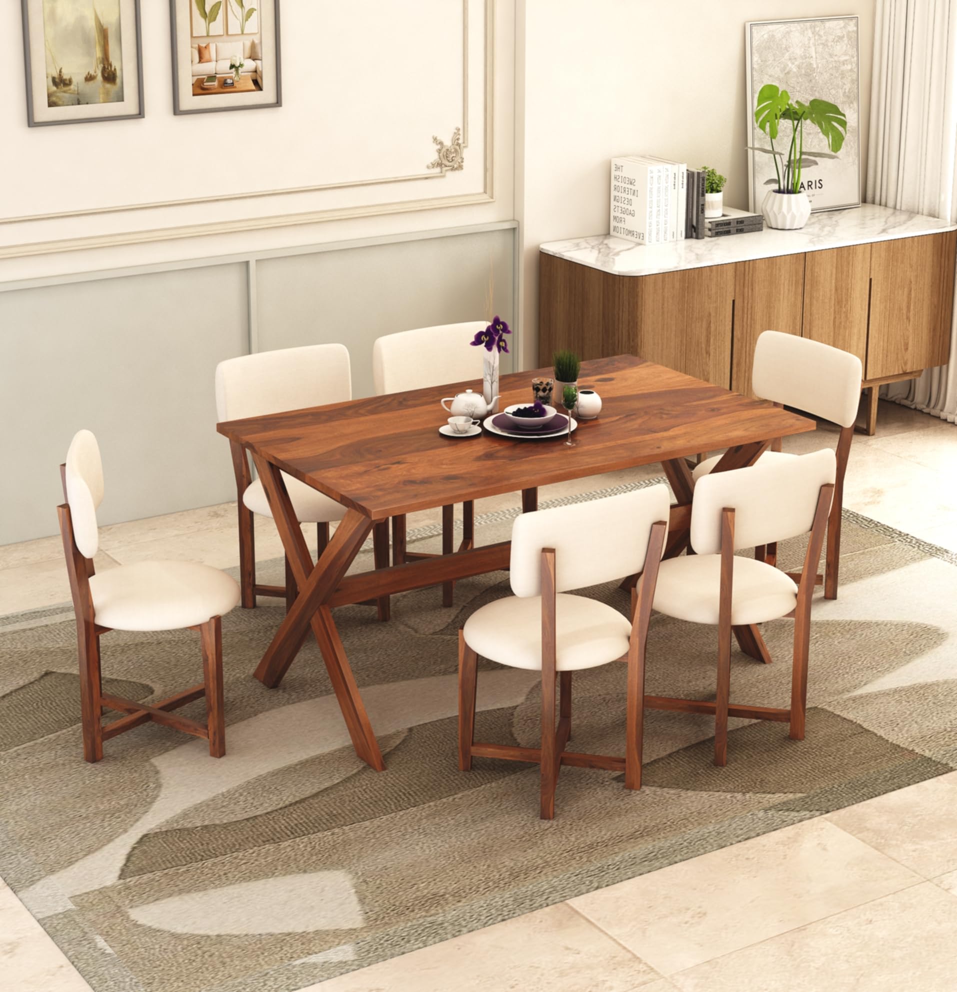 MURALICRAFT Sheesham Wood 57" Dining Table 6 Seater | Six Seater Dinning Table Set with 6 Upholstered Dining Chairs | Table Top: Premium Sheesham Wood | Chair: Round Edge | Easy Assembly, Honey discount deal