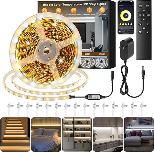 Miniatura 1 de Tira de luz LED blanca sintonizable, blanco cálido a frío, 49.2 pies, cinta de luces LED brillantes regulables con aplicación y control remoto,