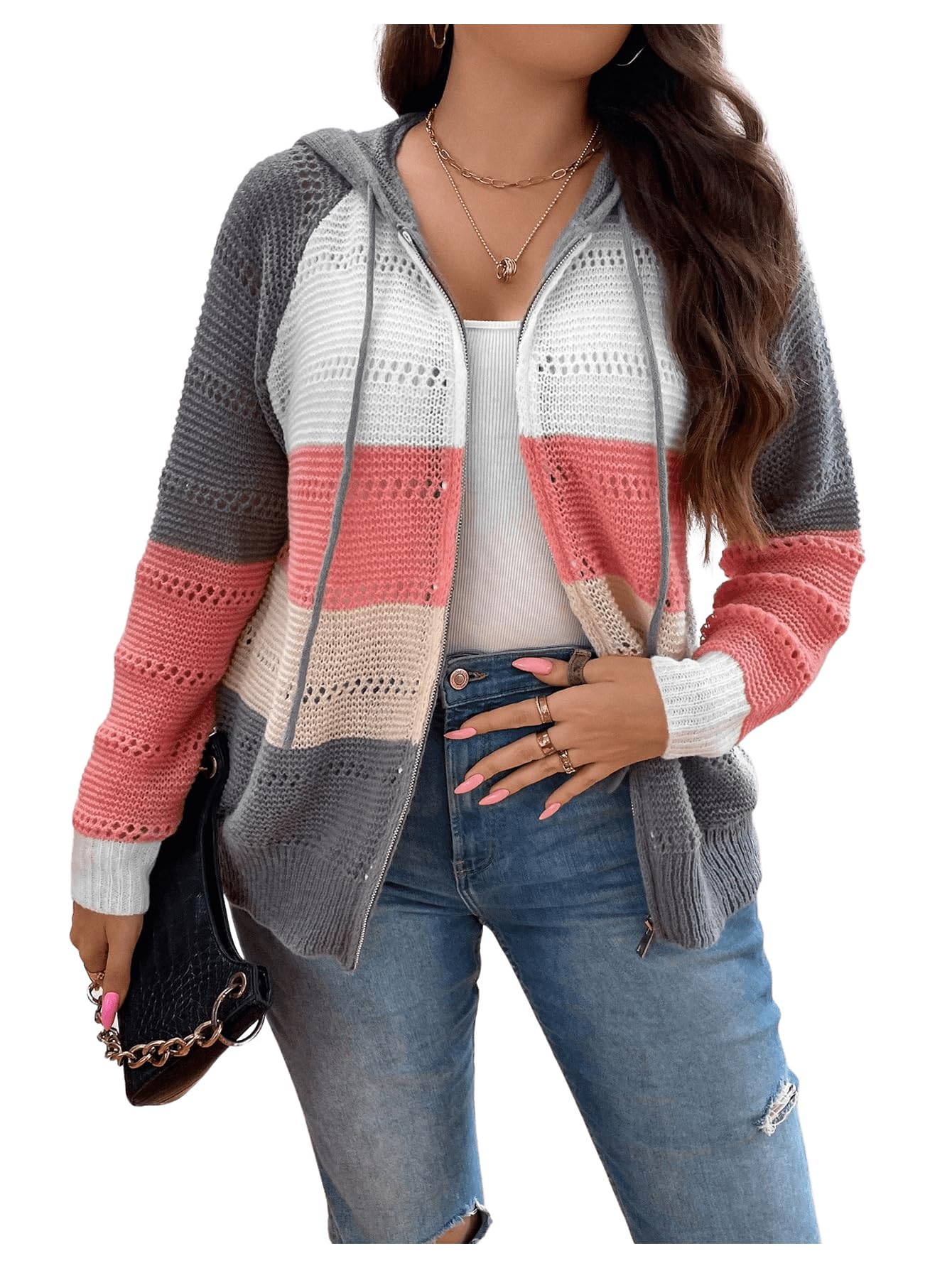 GORGLITTERWomen's Plus Size Colorblock Zip Up Drawstring Hooded Cardigan Long Sleeve Sweater Top White 3XL