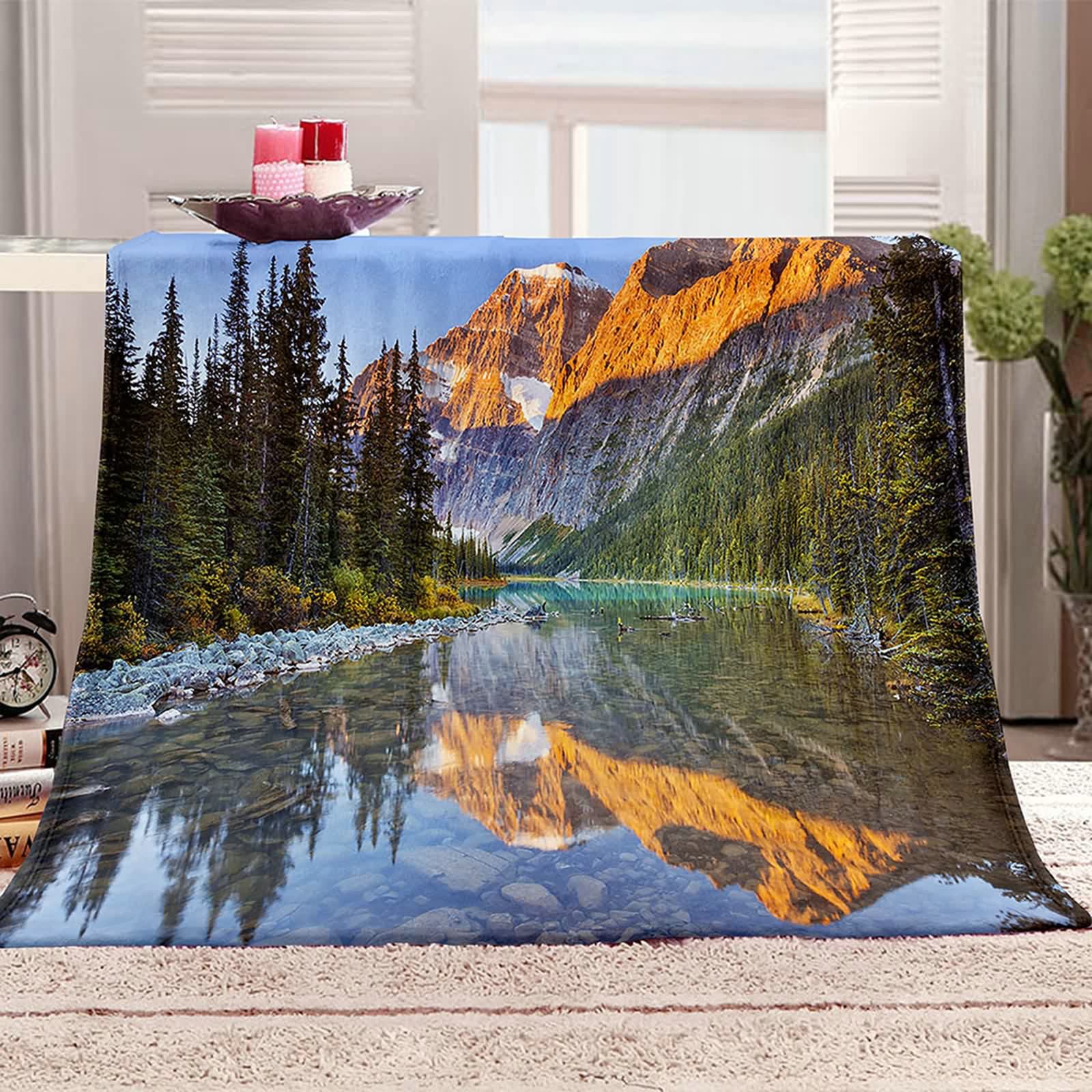 Aeici Couverture Polaire, Couverture Enfant Polaire Couverture 150x200 cm Lac Arbre Montagne Pierre Couverture Canapé Cadeau pour Adultes et Enfants