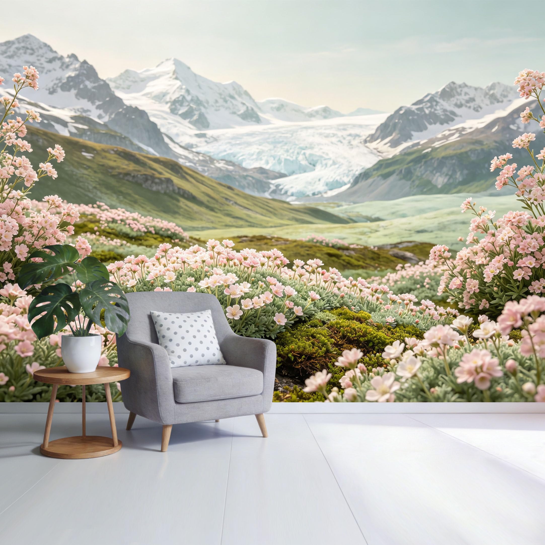 Custom Size Wall Mural Mountain Landscape Alpine Meadow Pink Wildflowers Snow Peaks Scenic View SelfAdhesive Wall Fabric Removable Wallpaper for Home Office Decor